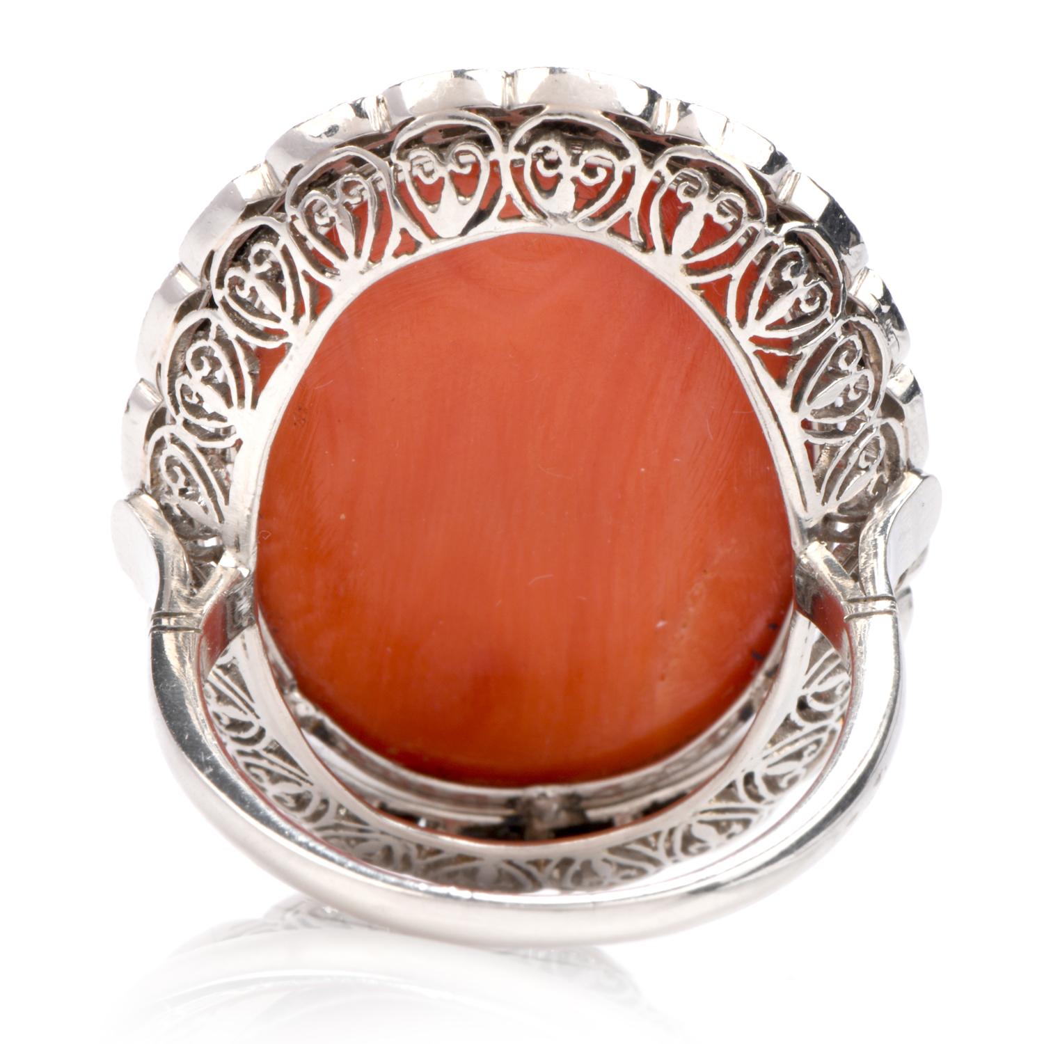 Cabochon 1950s Natural Red Coral Diamond Onyx Platinum Cocktail Ring