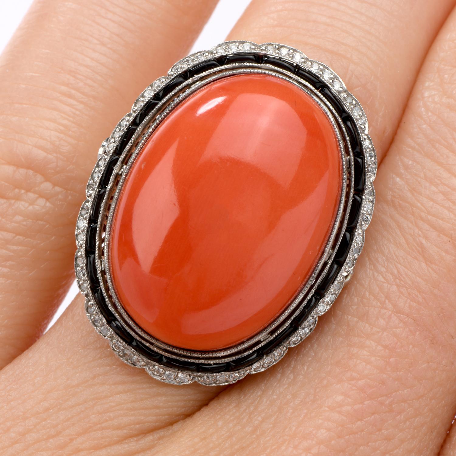 1950s Natural Red Coral Diamond Onyx Platinum Cocktail Ring In Excellent Condition In Miami, FL