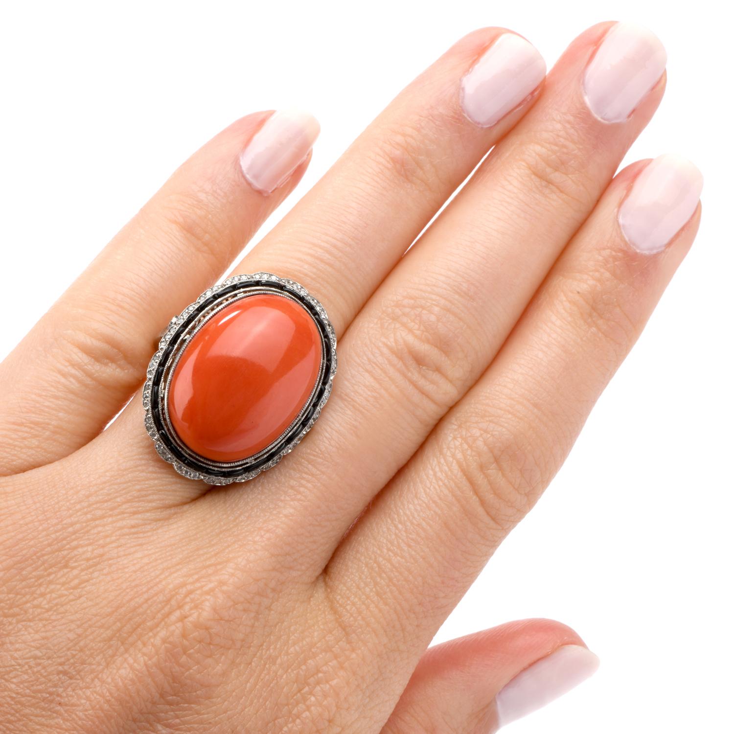 Women's or Men's 1950s Natural Red Coral Diamond Onyx Platinum Cocktail Ring