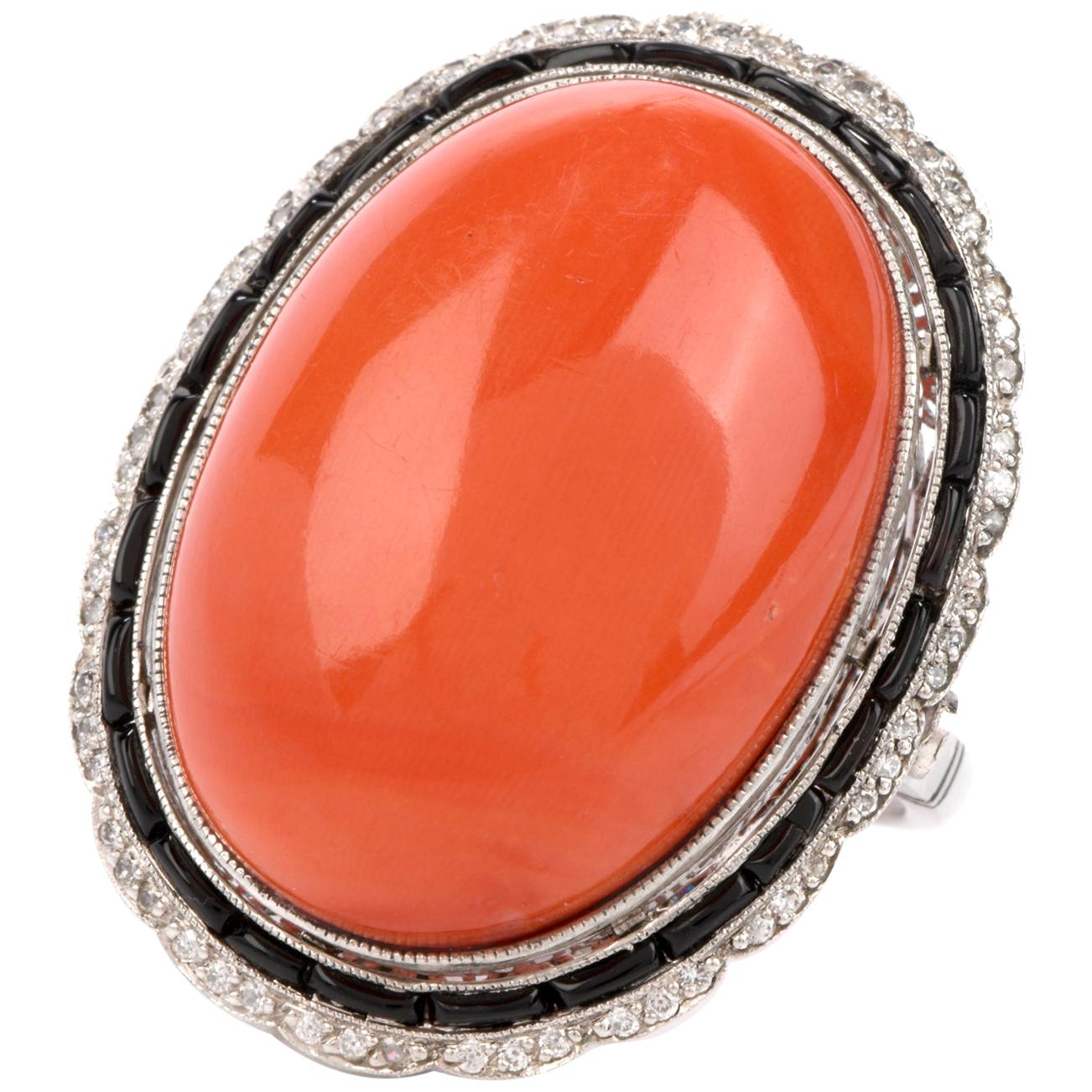 1950s Natural Red Coral Diamond Onyx Platinum Cocktail Ring