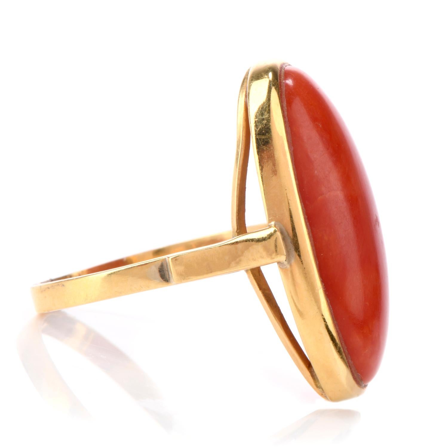Oval Cut 1950s Natural Red Coral 18 Karat Gold Cocktail Ring