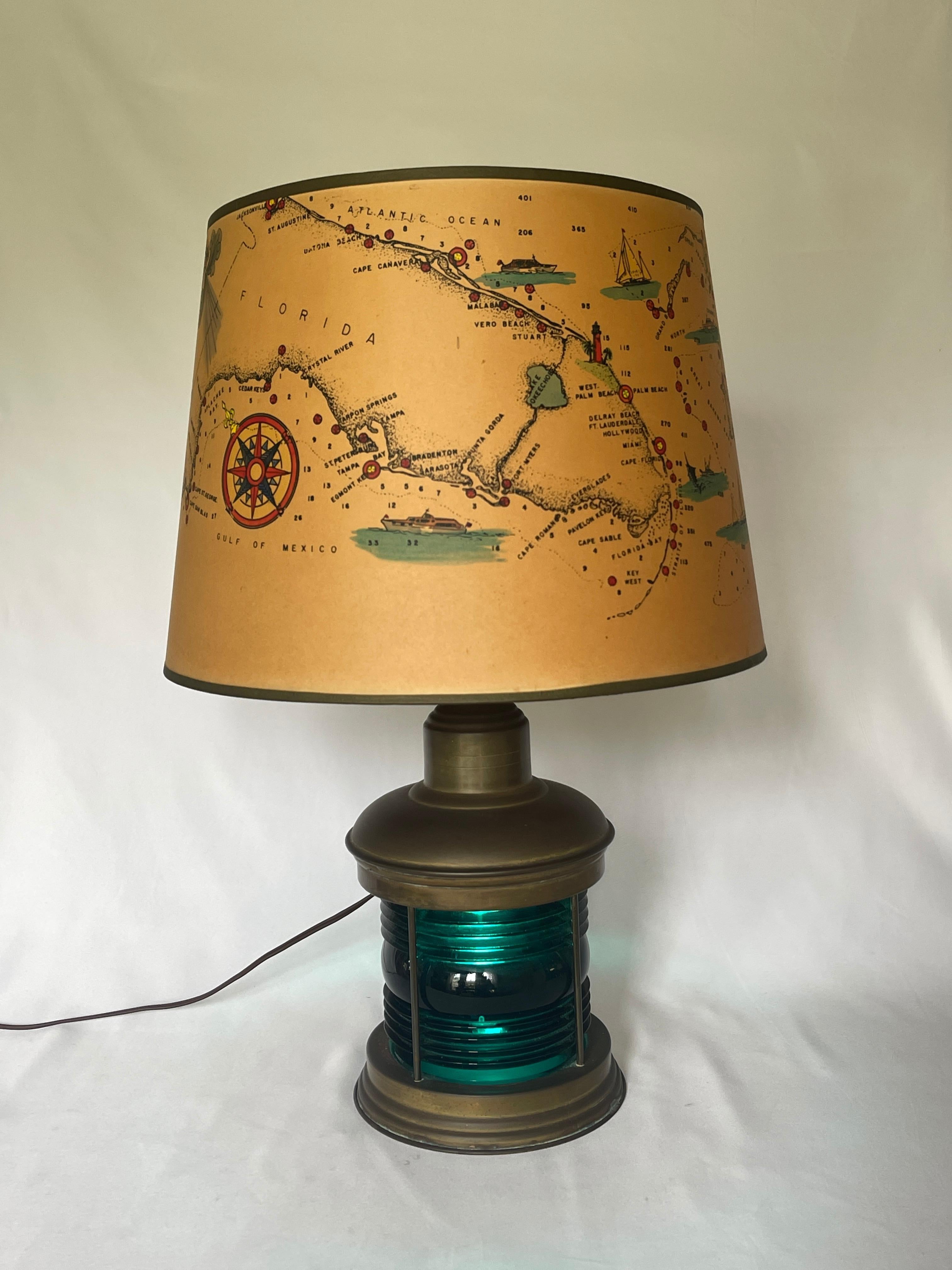 20th Century 1950's Old Florida Nautical Ship Lantern Lamp w/ Original Sintzenich Lampshade For Sale