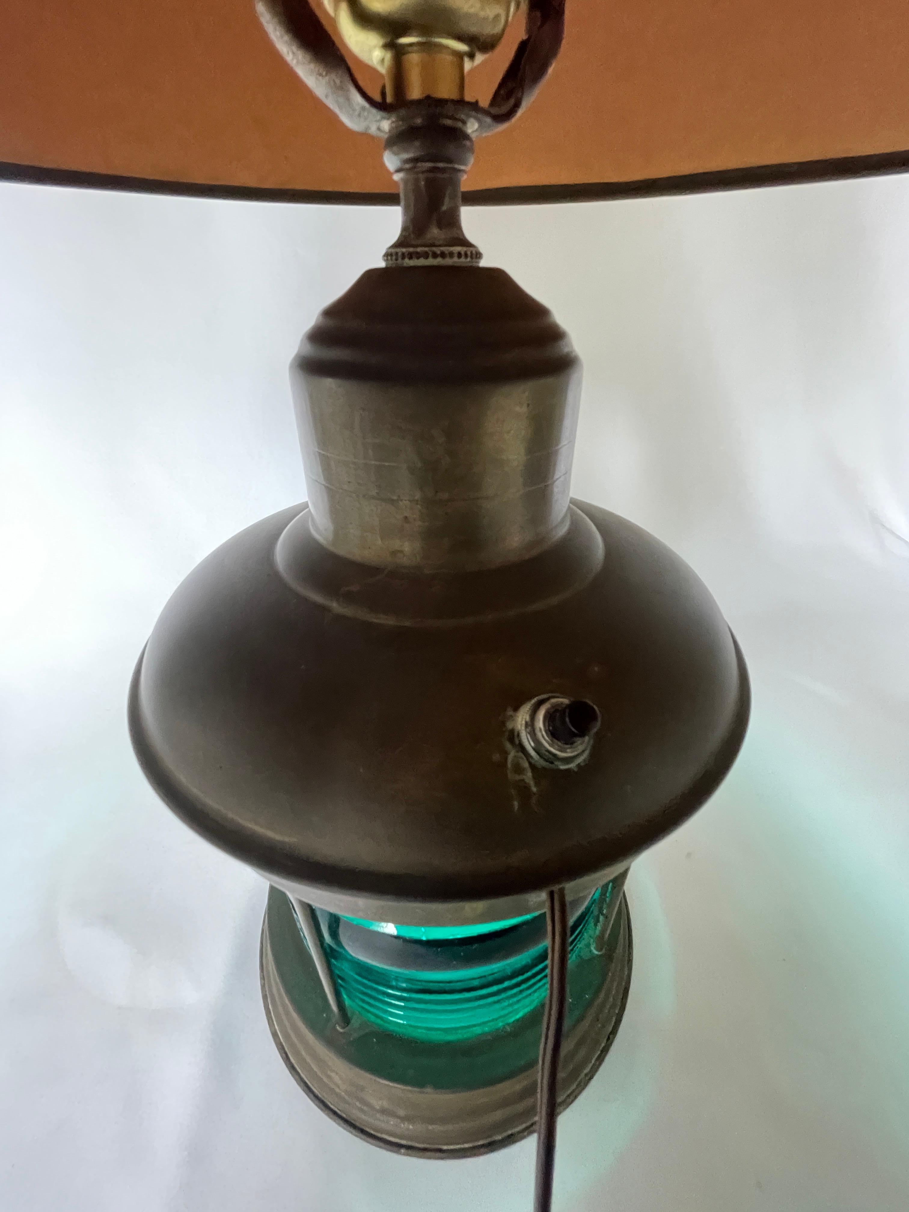 1950's Old Florida Nautical Glass Lantern Lamp w/ Original Sintzenich Lampshade In Good Condition For Sale In New York, NY