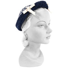 Retro 1950s Navy and Off-White Woven Straw and Raffia Hat