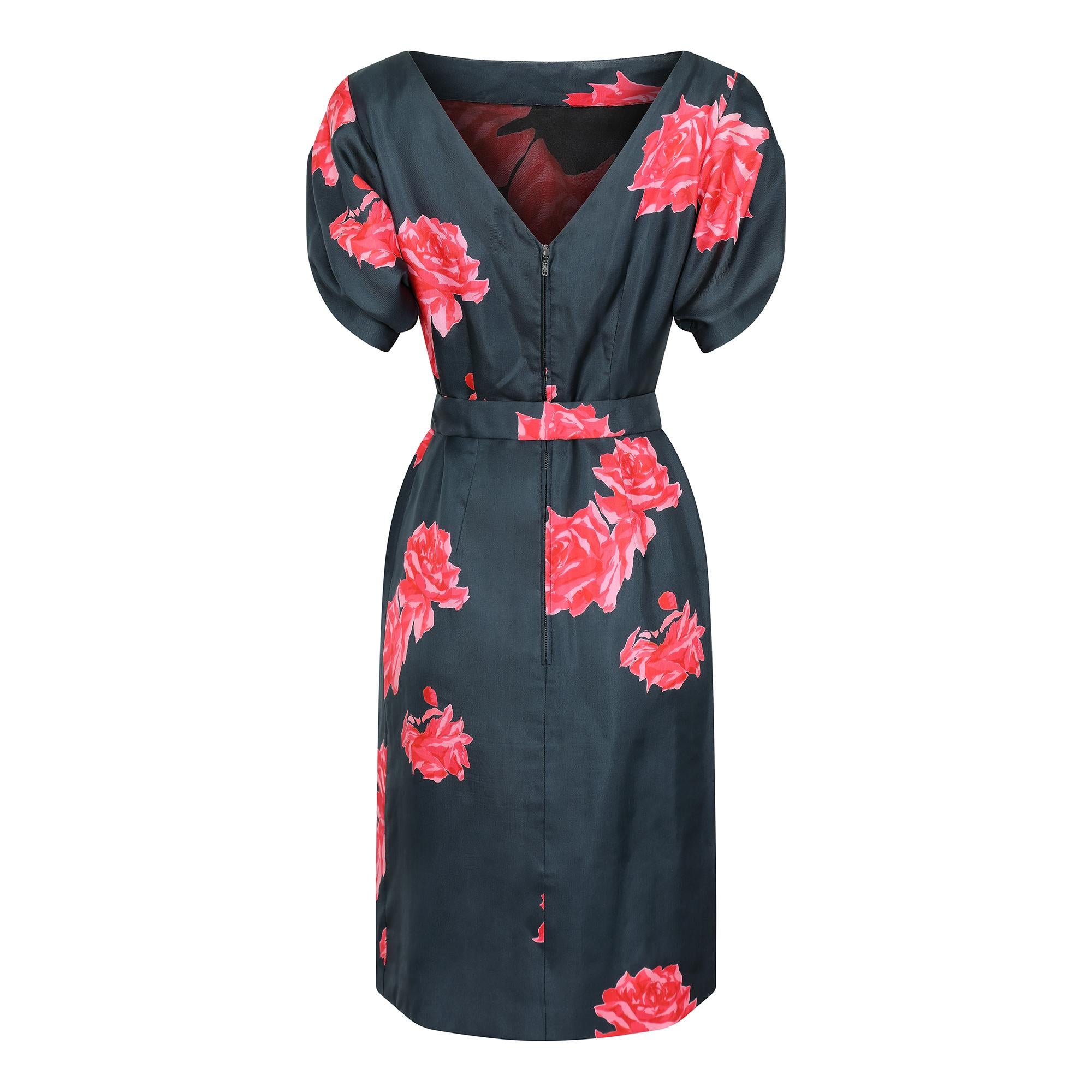 Black 1950s Navy and Pink Silk Rose Print Dress For Sale