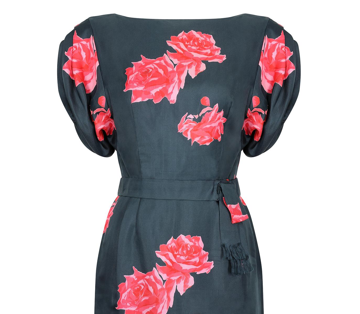 Women's 1950s Navy and Pink Silk Rose Print Dress For Sale