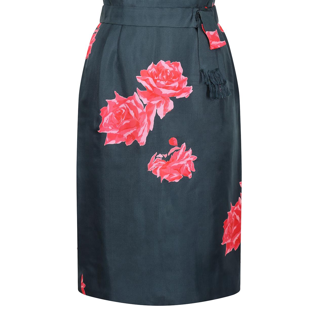 1950s Navy and Pink Silk Rose Print Dress For Sale 1