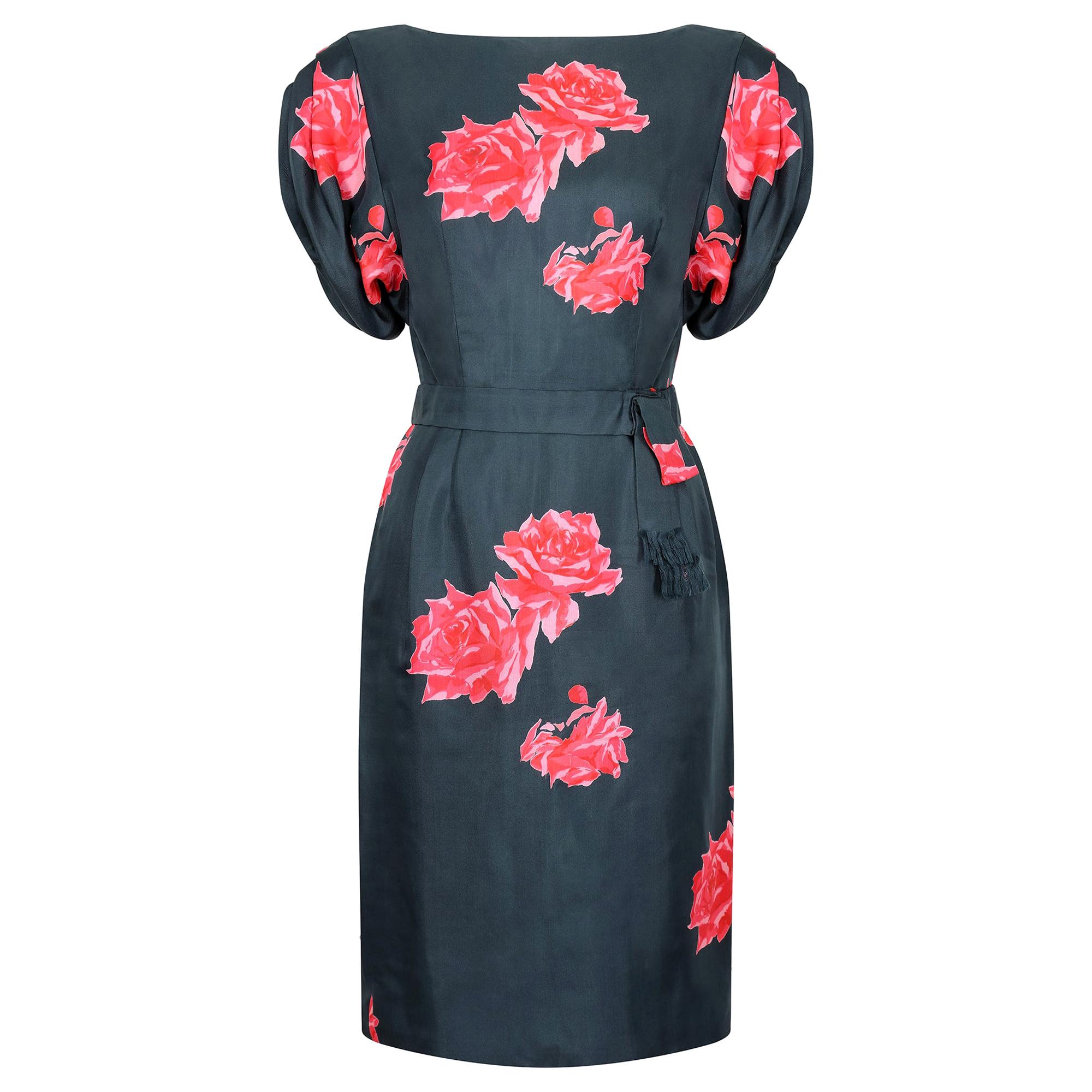 1950s Navy and Pink Silk Rose Print Dress For Sale