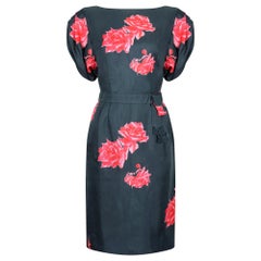 Retro 1950s Navy and Pink Silk Rose Print Dress