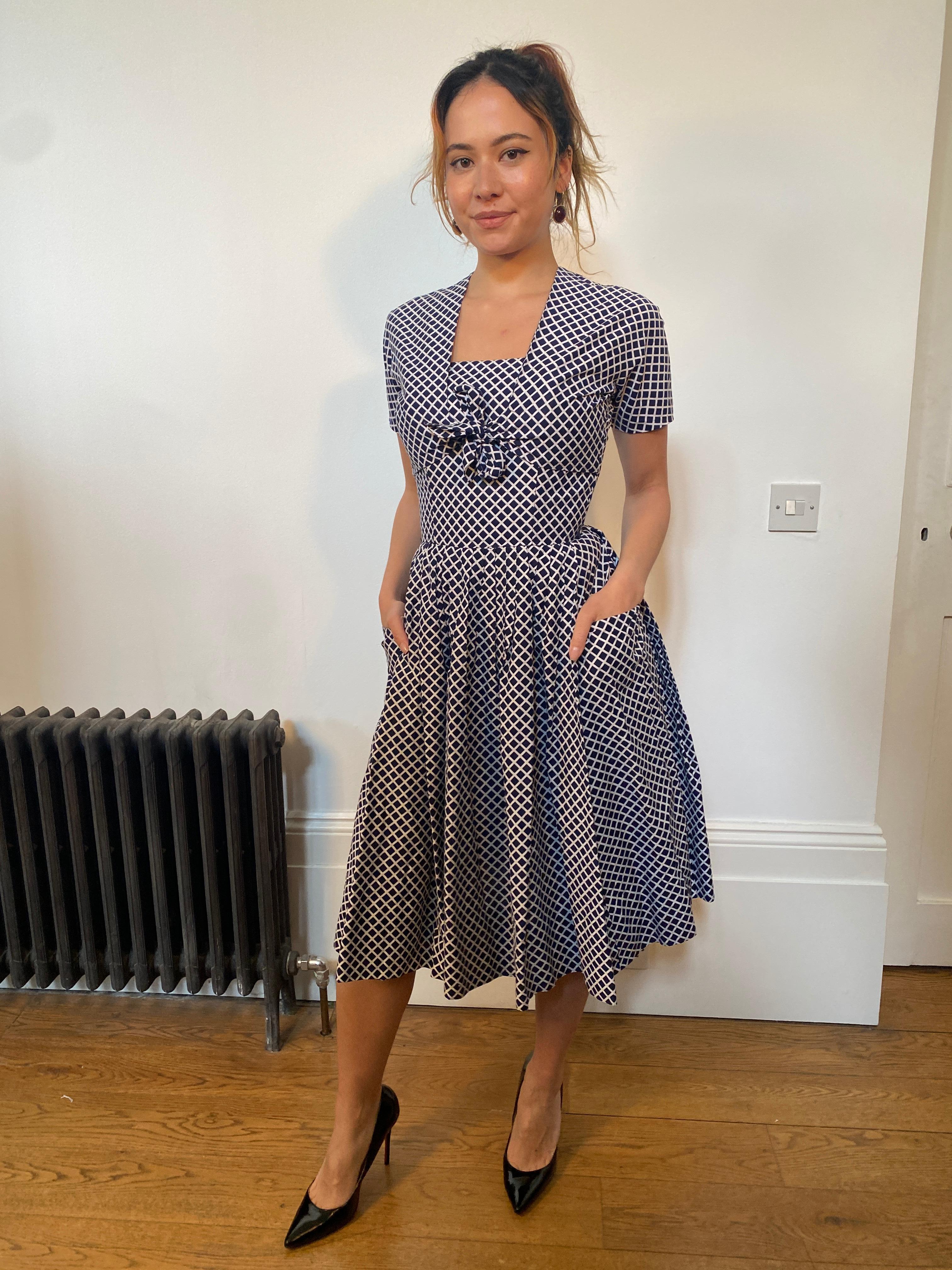 1950s Navy and White Diamond Print Strapless Sundress and Bolero In Excellent Condition For Sale In London, GB
