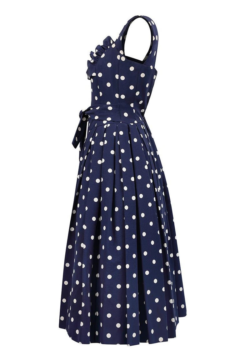 Black 1950s Navy And White Polkadot Couture Dress With Structured Bodice  For Sale