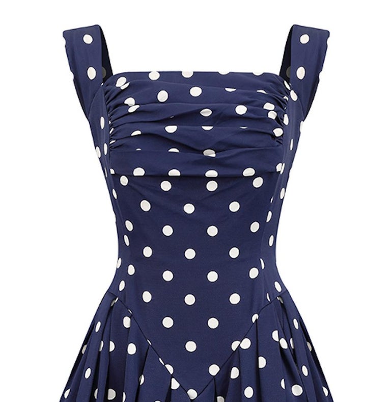 1950s Navy And White Polkadot Couture Dress With Structured Bodice  In Excellent Condition For Sale In London, GB