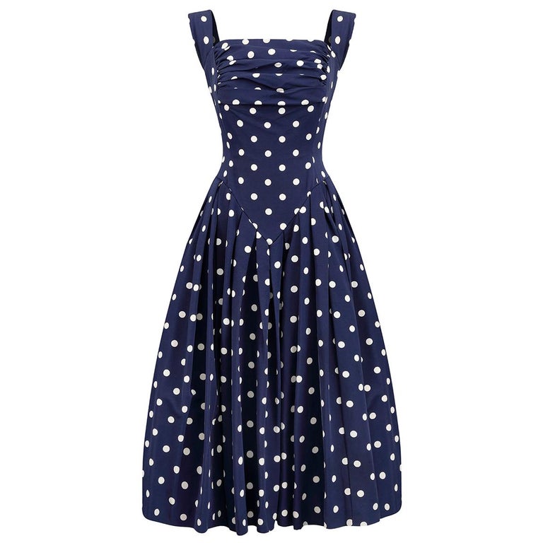 1950s Navy And White Polkadot Couture Dress With Structured Bodice  For Sale