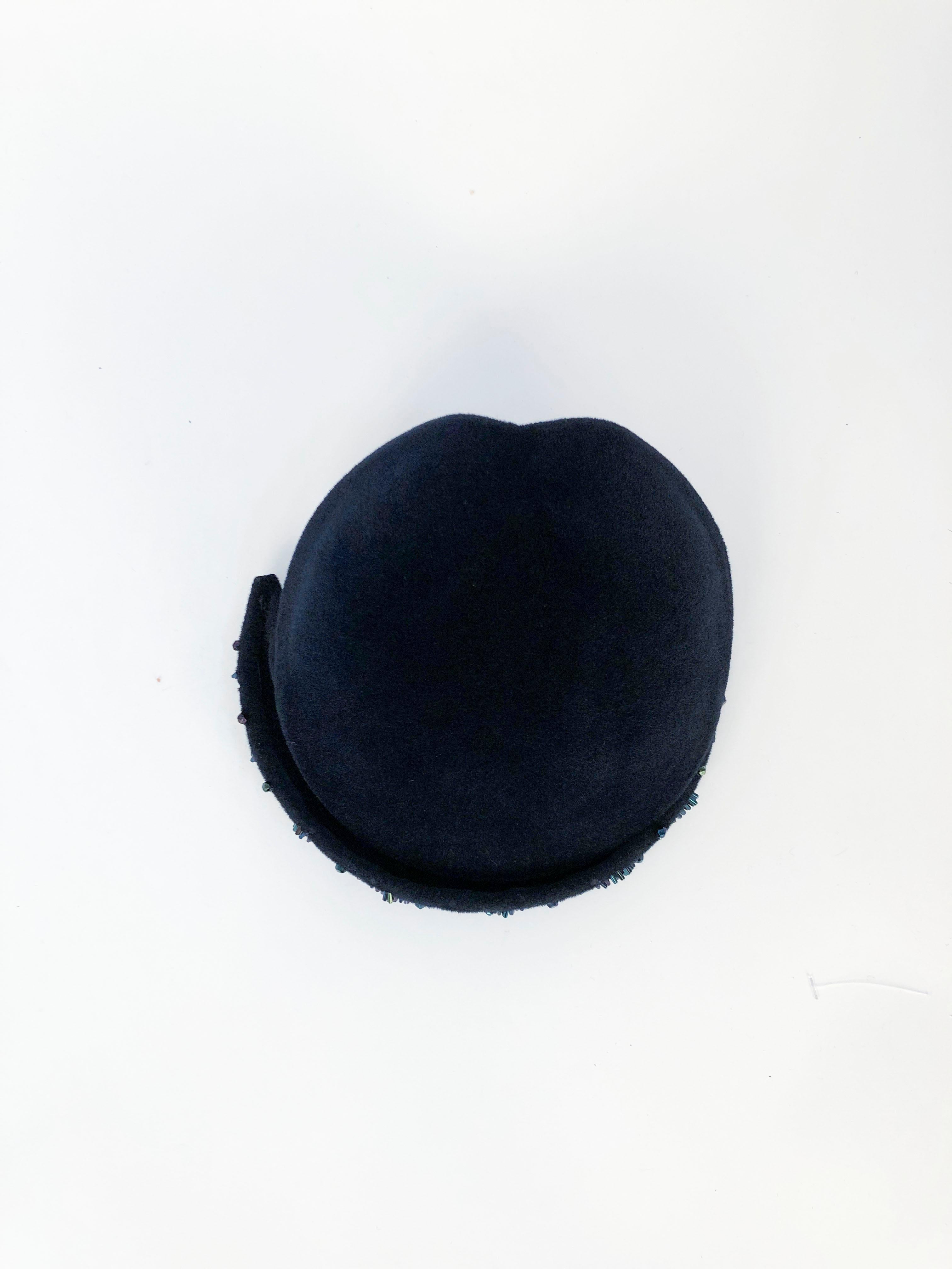 Gray 1950's Navy Blue Cashmere Felt Hat with Hand Beading Decoration
