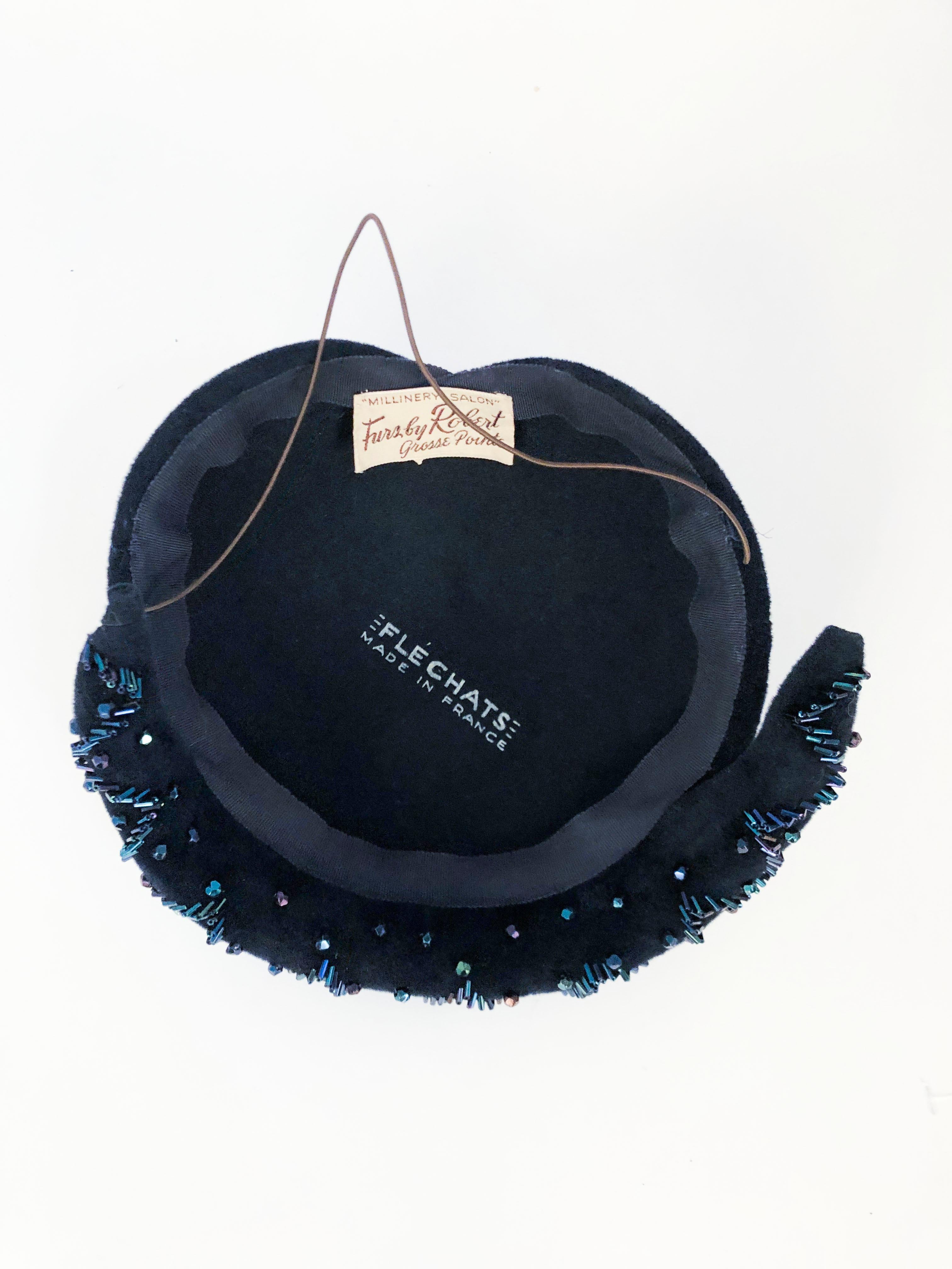 1950's Navy Blue Cashmere Felt Hat with Hand Beading Decoration In Good Condition In San Francisco, CA