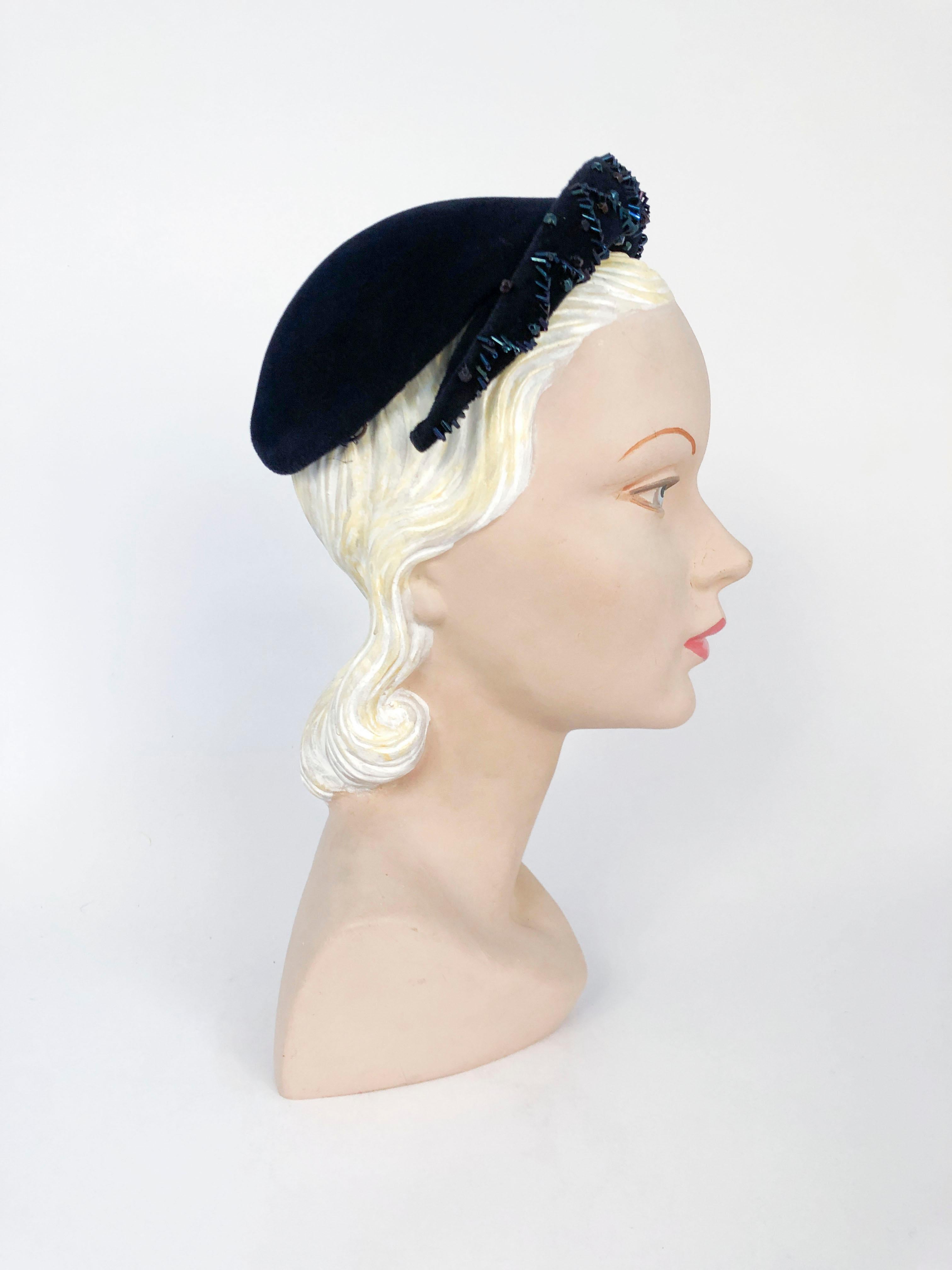 Women's 1950's Navy Blue Cashmere Felt Hat with Hand Beading Decoration