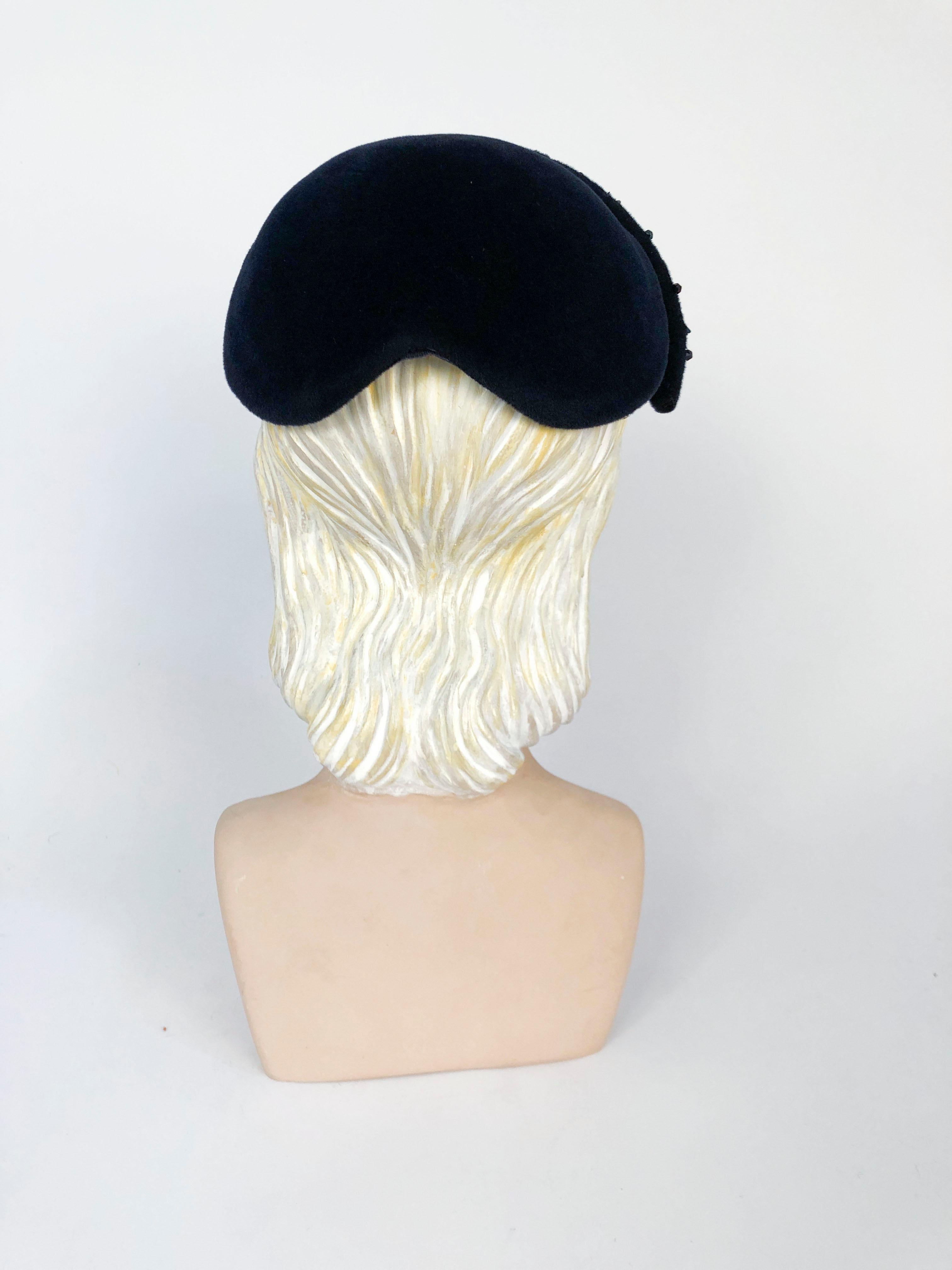 1950's Navy Blue Cashmere Felt Hat with Hand Beading Decoration 1