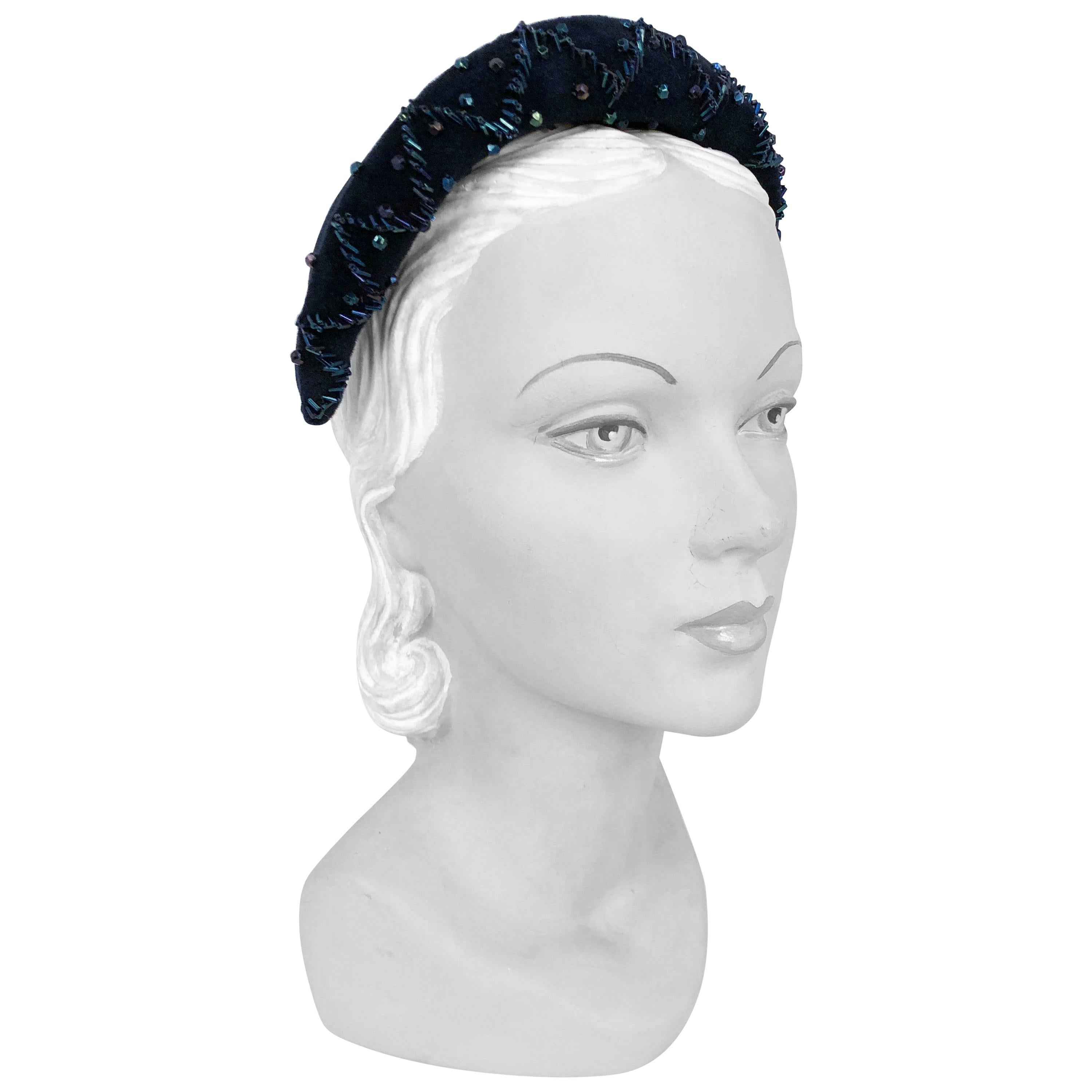 1950's Navy Blue Cashmere Felt Hat with Hand Beading Decoration
