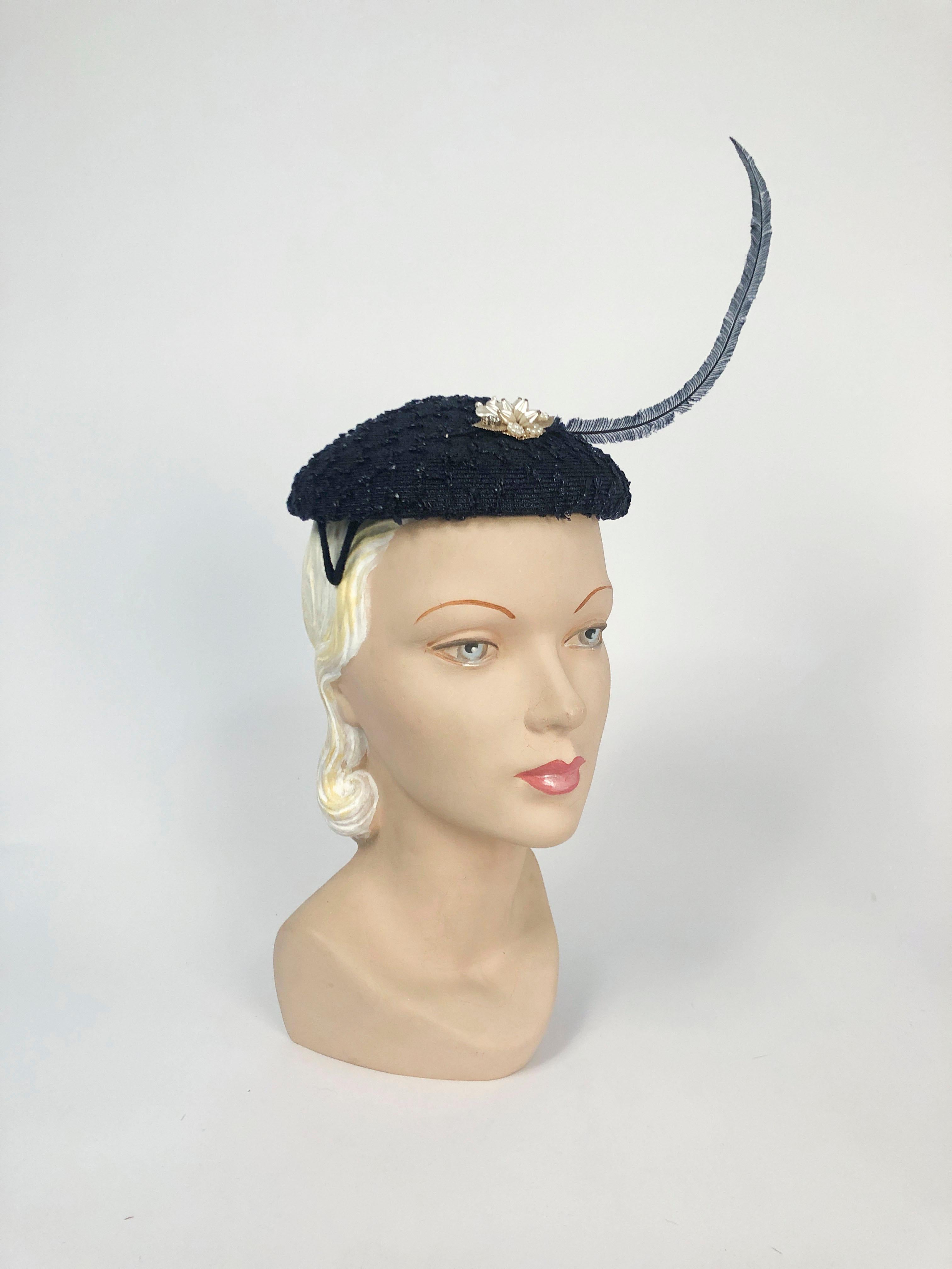 1950s Navy Blue Coated Straw Hat and netted raffia with Hand-curled Feather that is placed with a beaded decorative piece.