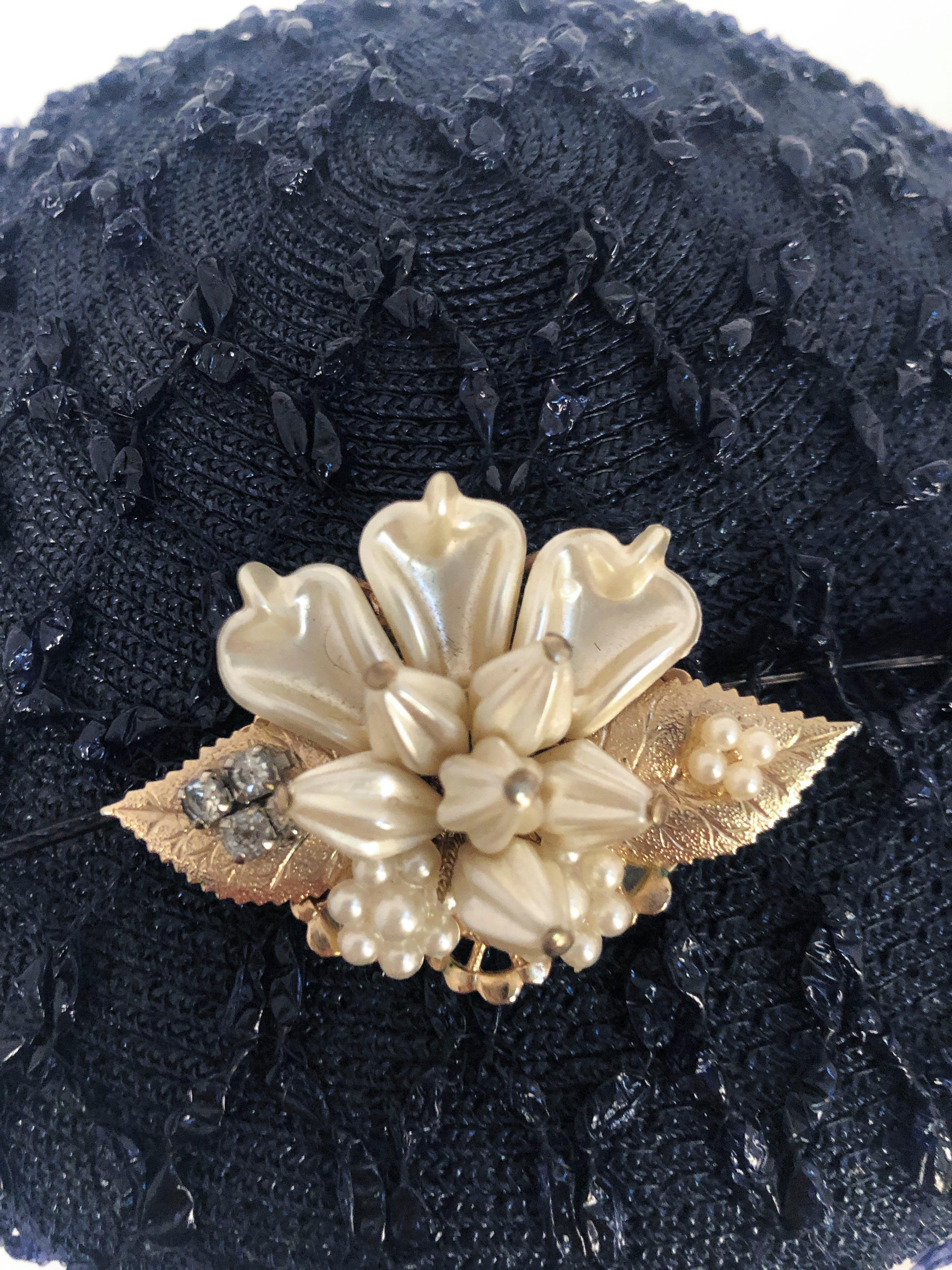Gray 1950s Navy Blue Coated Straw Hat with Hand-curled Feather