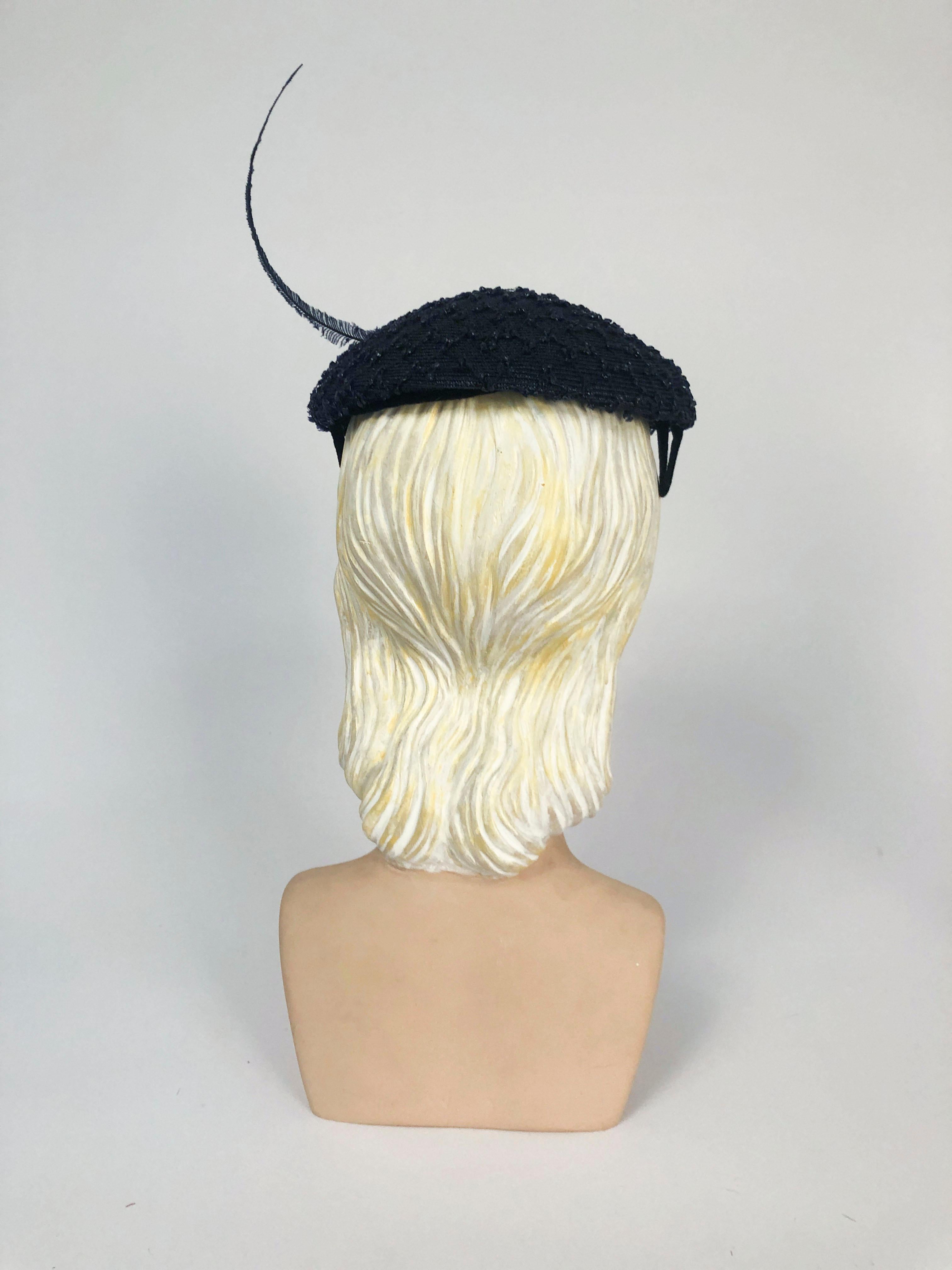 Women's 1950s Navy Blue Coated Straw Hat with Hand-curled Feather