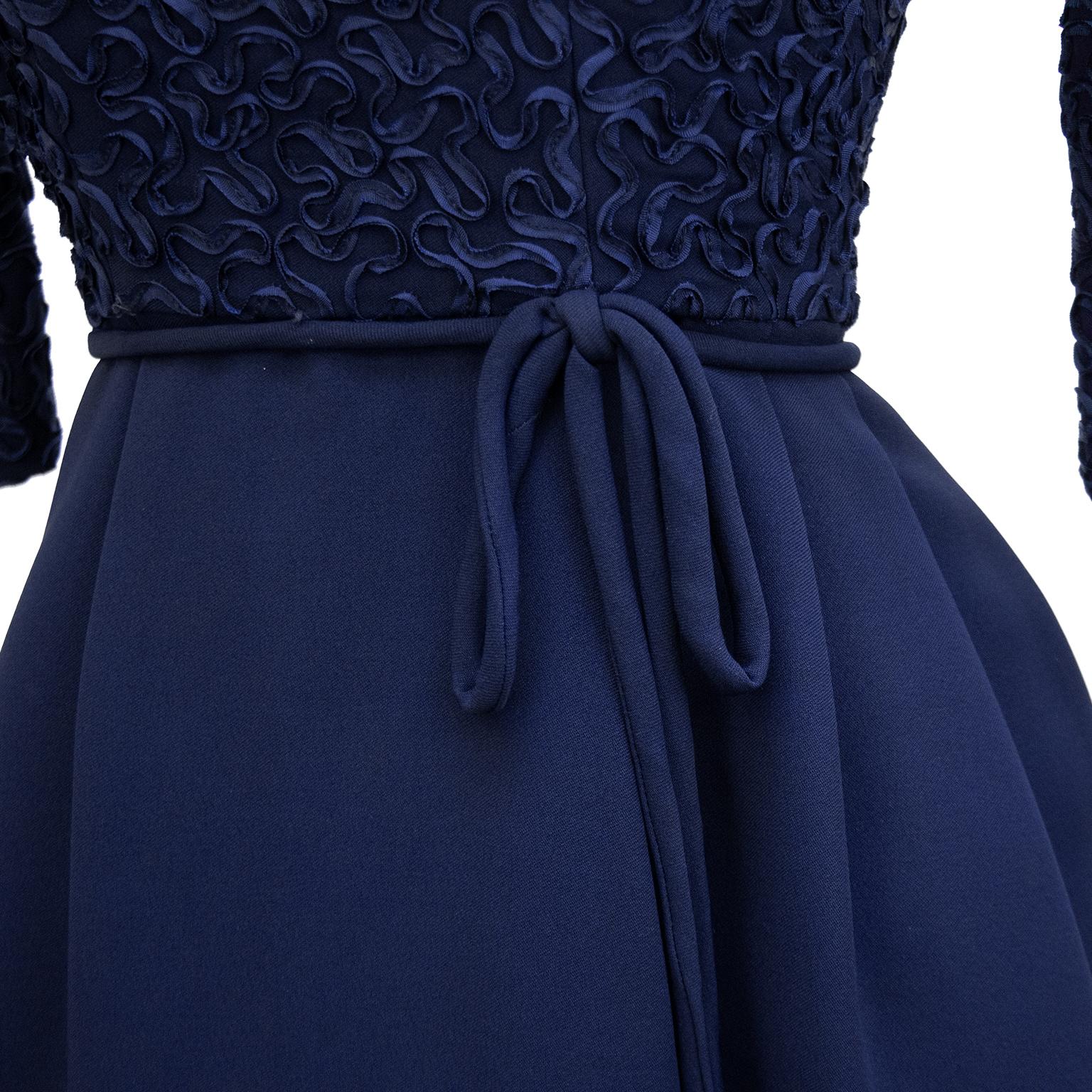 Black 1950s Navy Blue Cocktail Dress with Ribbon Embroidery 