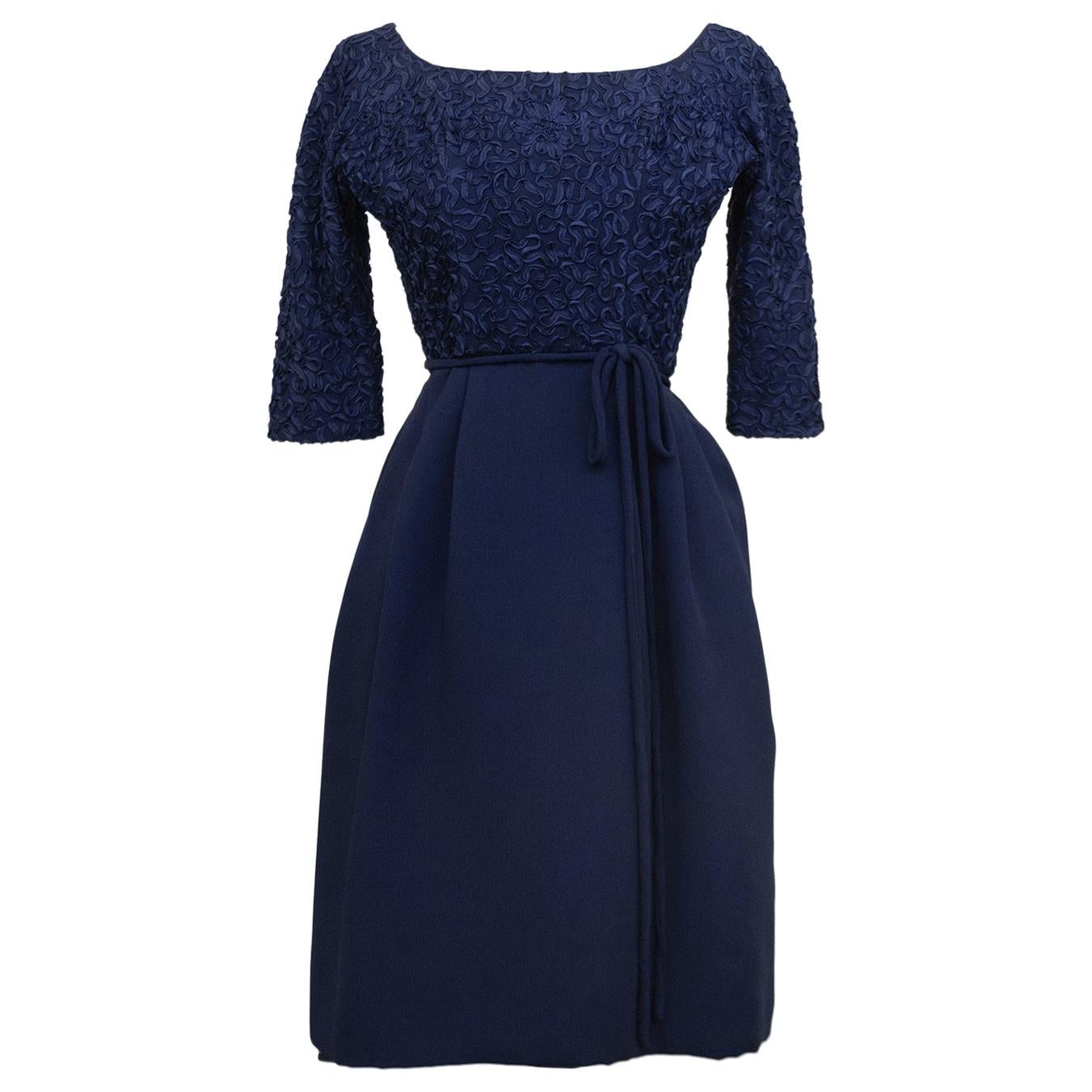 1950s Navy Blue Cocktail Dress with Ribbon Embroidery 