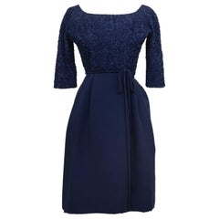 1950s Navy Blue Cocktail Dress with Ribbon Embroidery