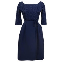 Vintage 1950s Navy Blue Cocktail Dress with Ribbon Embroidery 