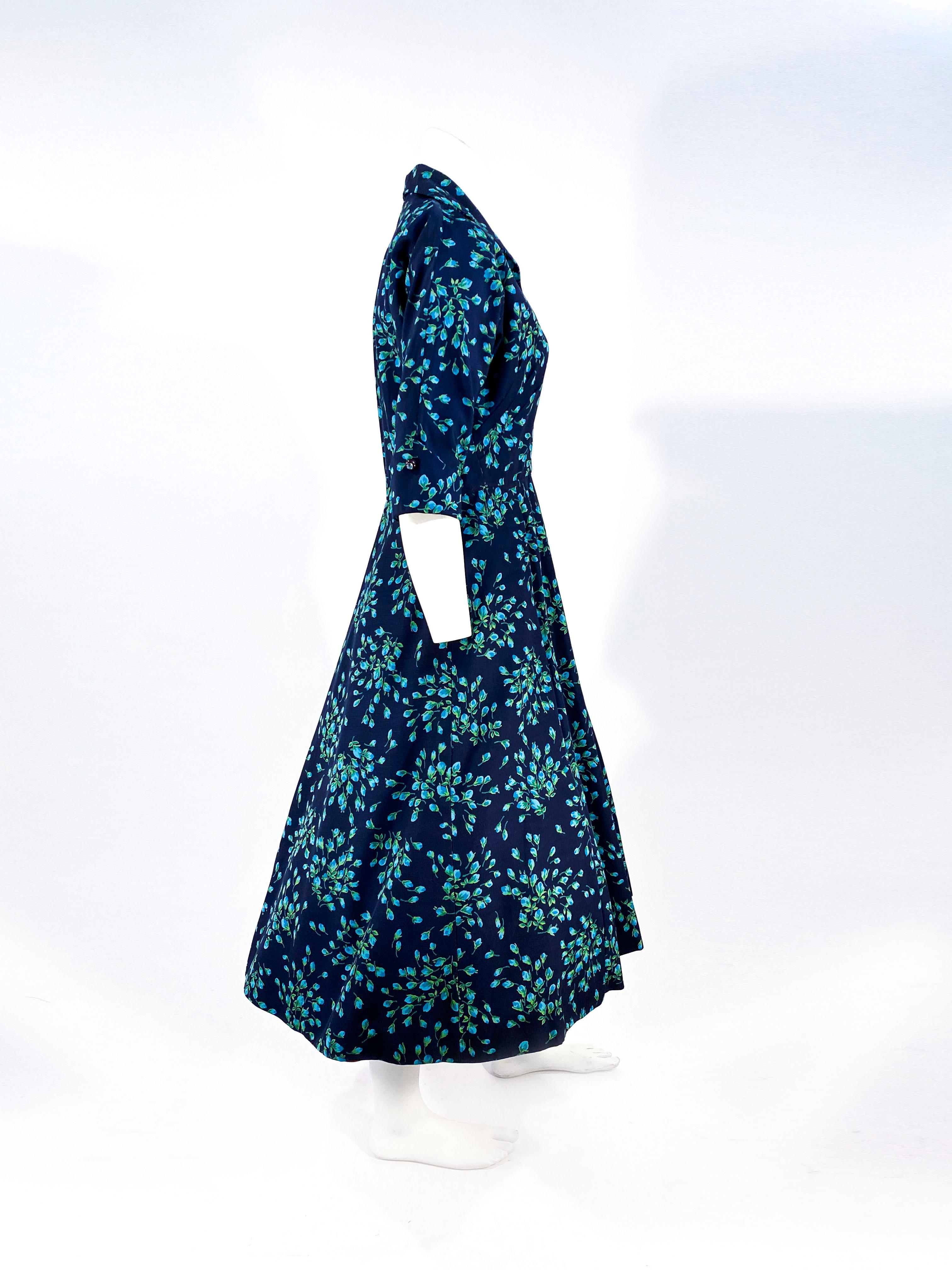 1950s Navy Blue Floral Printed Dress For Sale 1