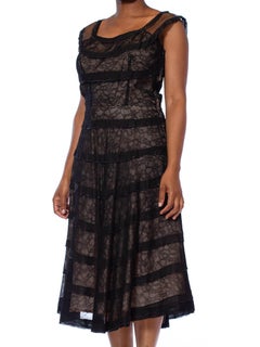 1950S Navy Blue Silk Organza & Chantilly Lace Cocktail Dress With Beaded Ruffles