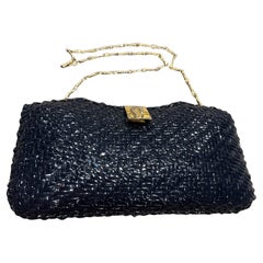 1950s Navy Blue Wicker and Dual-Tone Hardware Italian Shoulder Bag