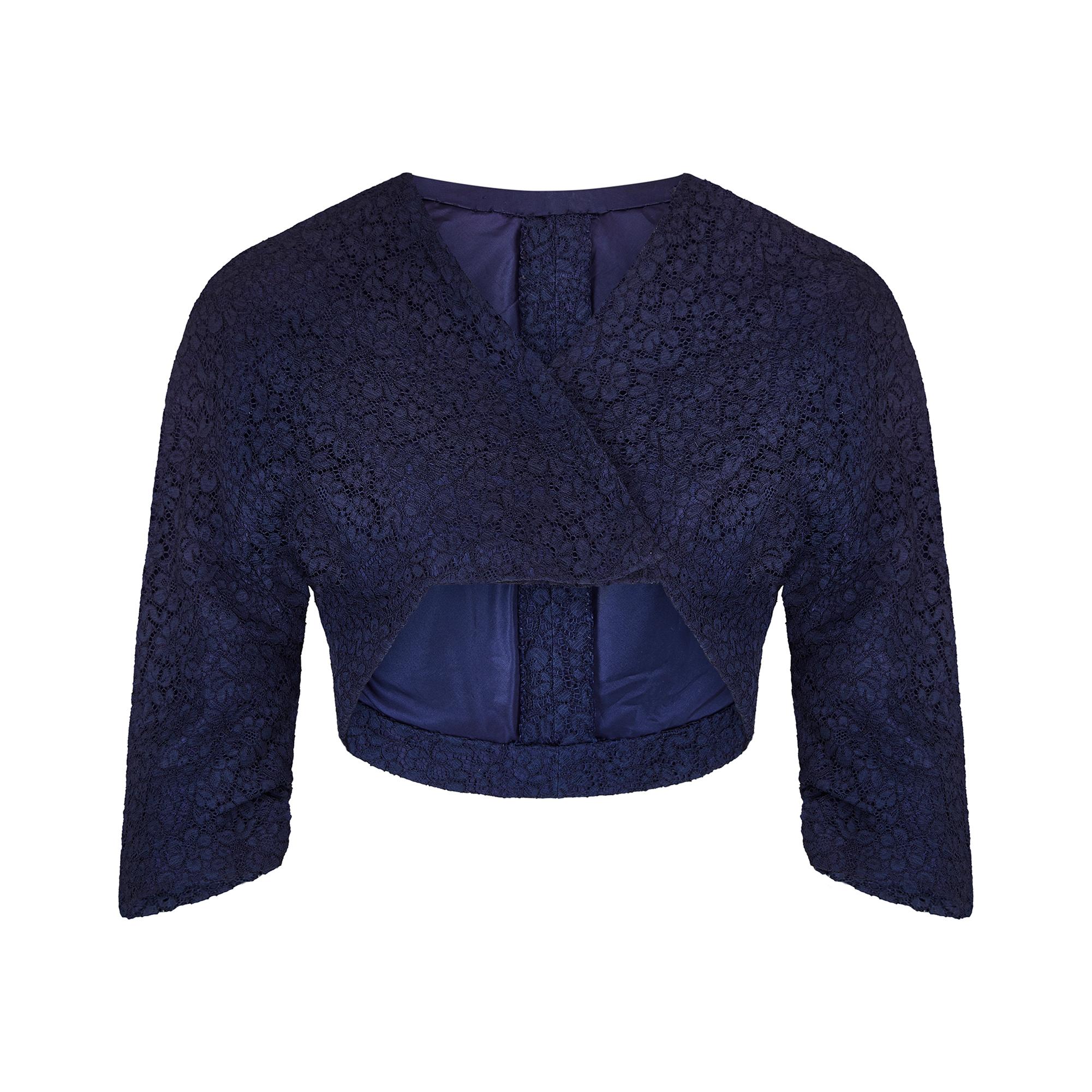1950er Jahre Marineblaues Kleid mit Spitze und weißem Perlenhalsband Anzug im Angebot 2