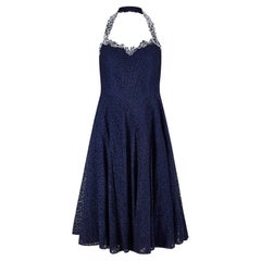 1950s Navy Lace and White Beaded Halter Neck Dress Suit