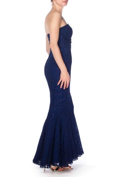 1950S Navy Blue Silk & Lace Strapless Gown With Trumpet Skirt