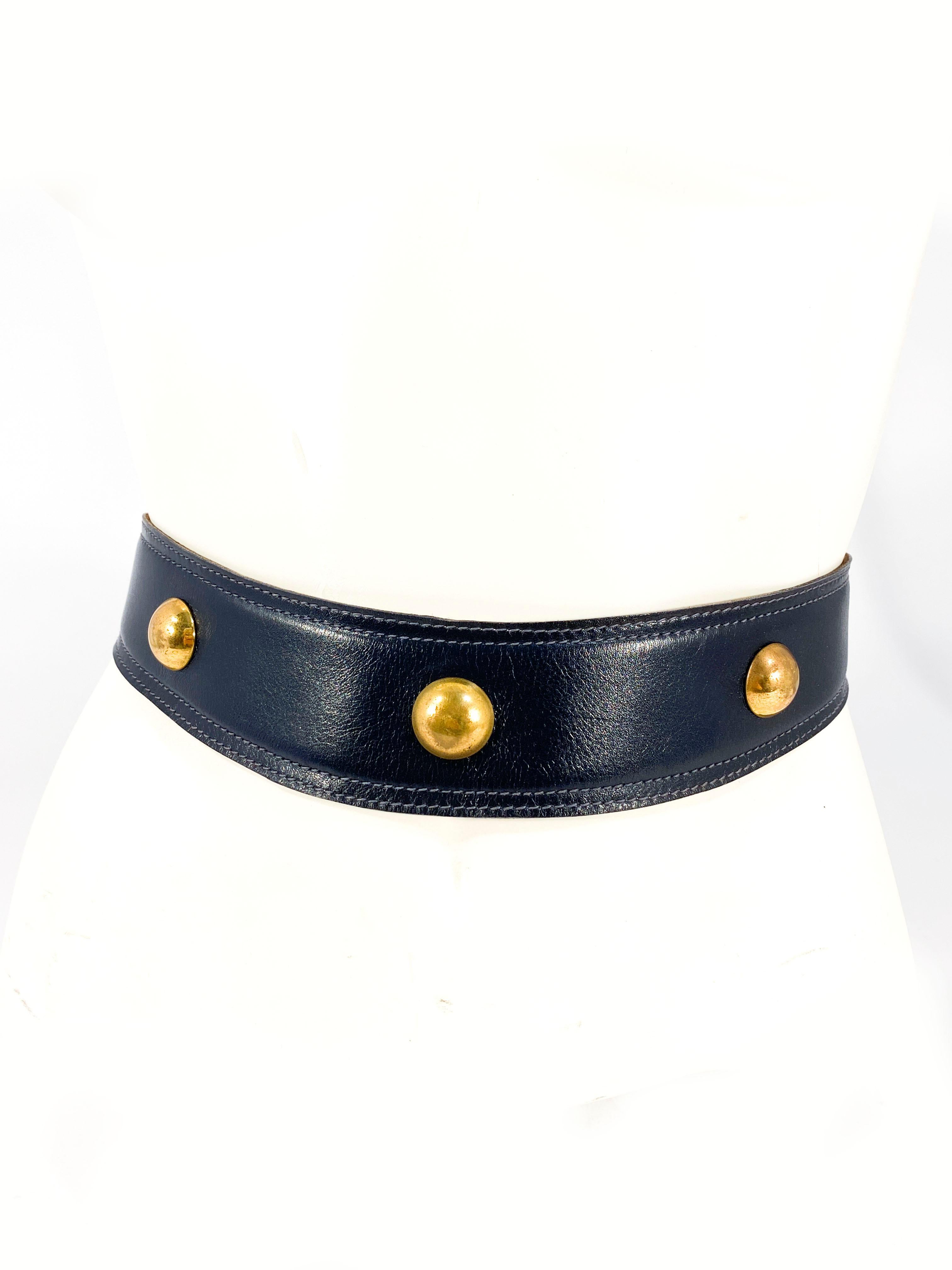 1950s Navy Leather Belt with Brass Studs and lined with leather. 