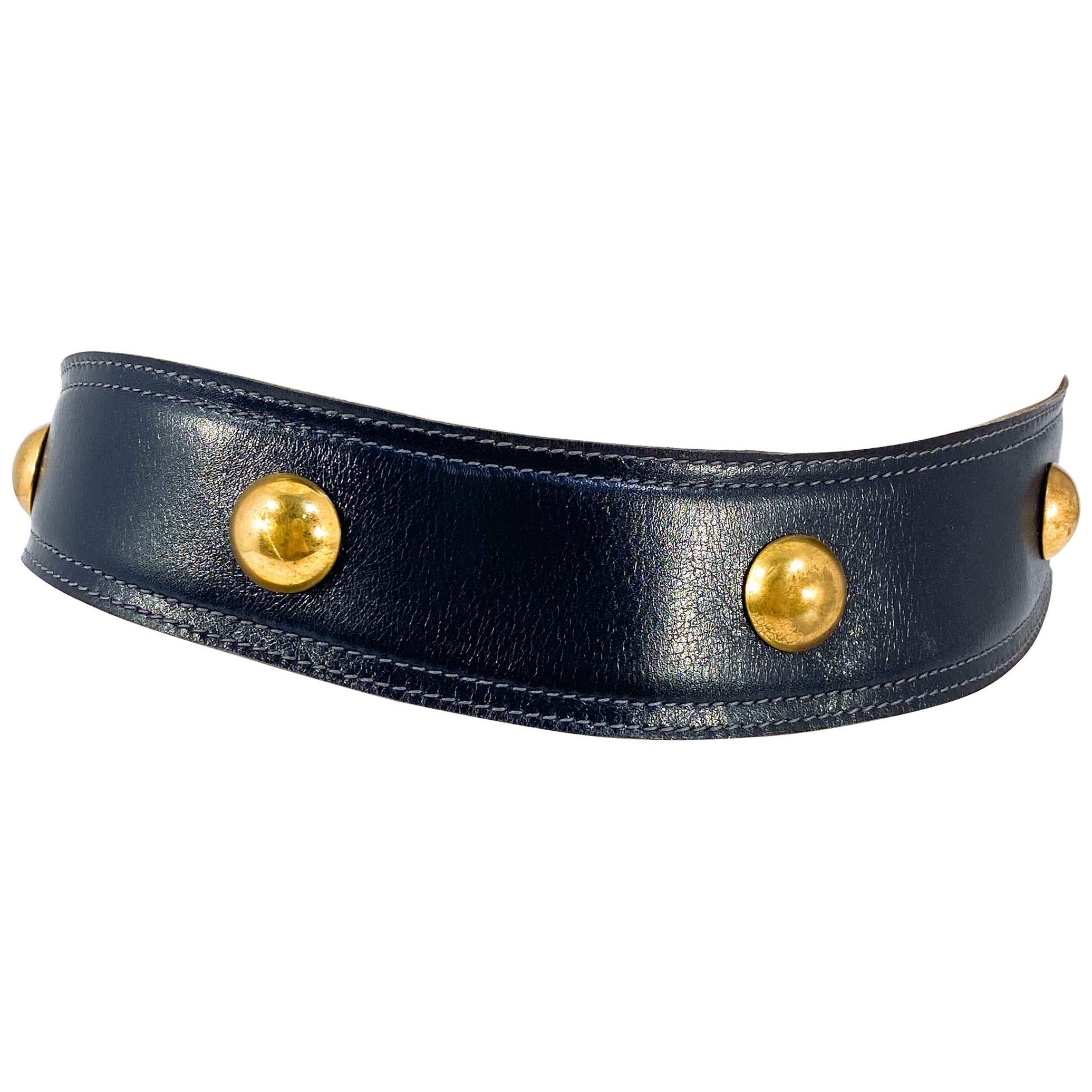 1950s Navy Leather Belt with Brass Studs