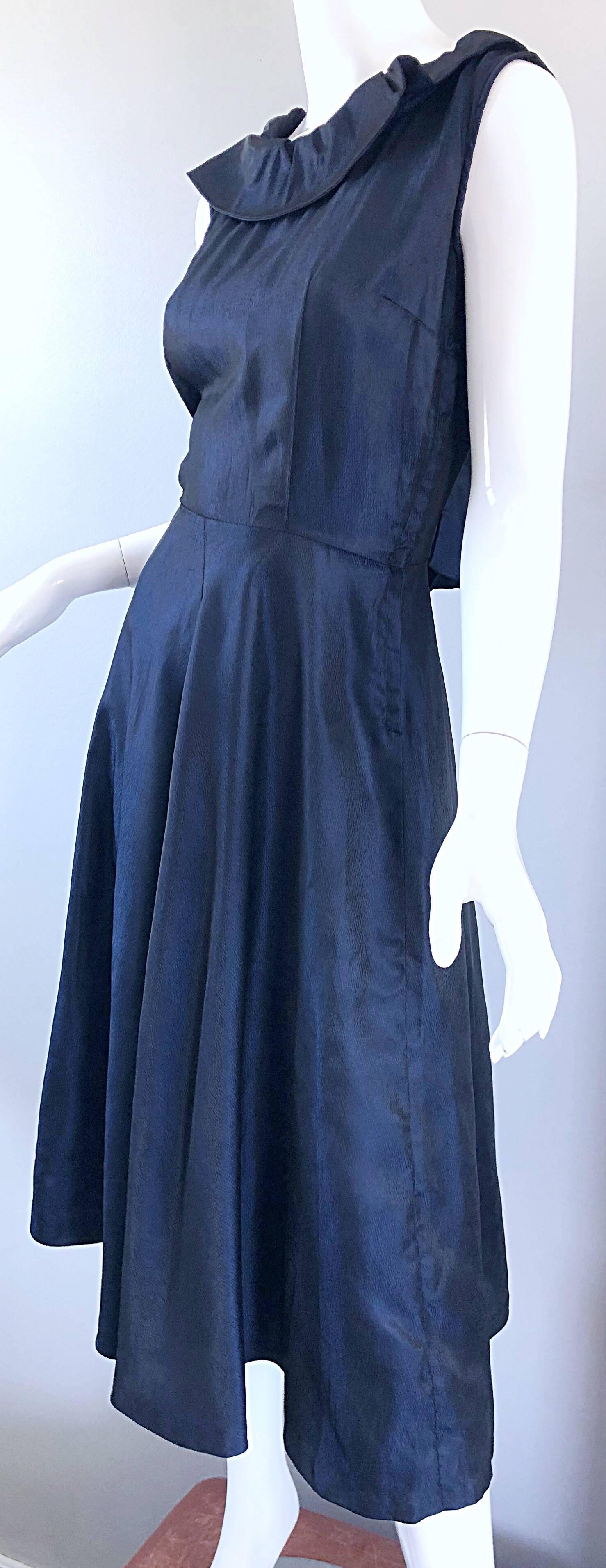 1950s Navy Midnight Blue Fit n ' Flare Vintage 50s Demi Couture Silk Dress For Sale 3