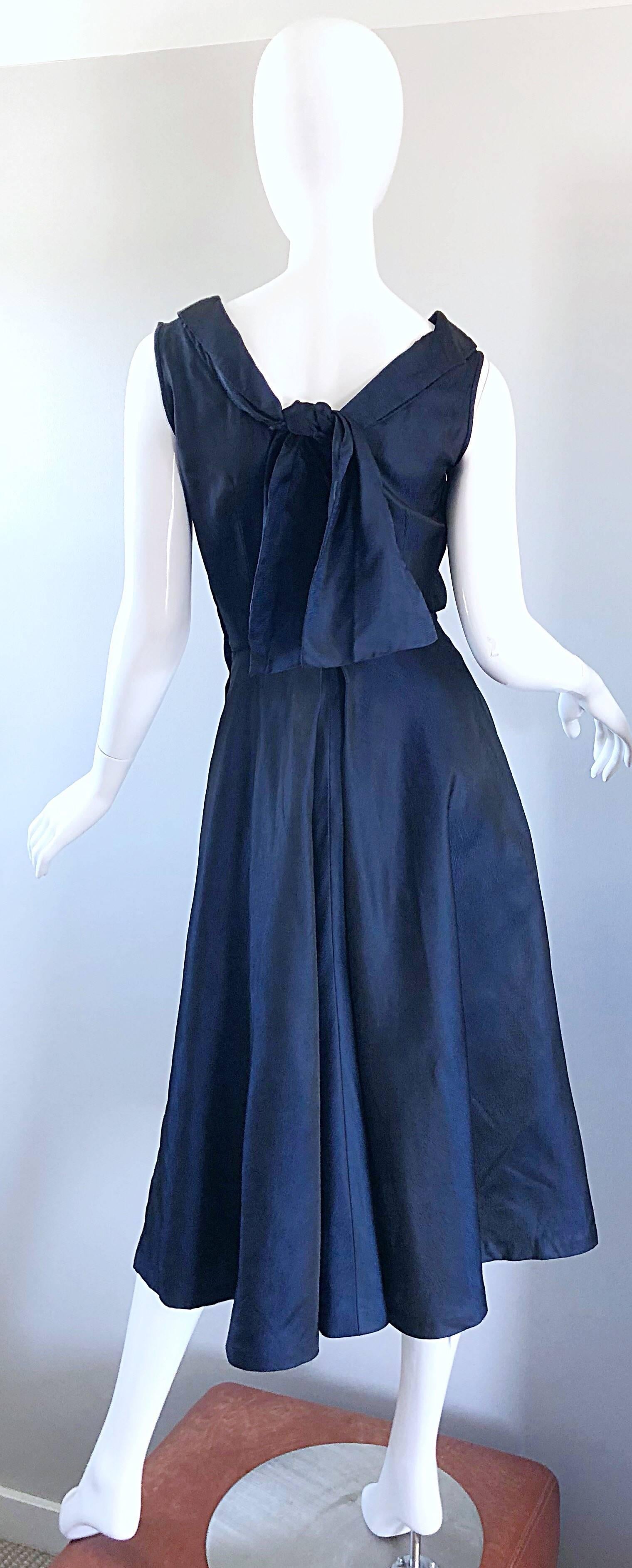1950s Navy Midnight Blue Fit n ' Flare Vintage 50s Demi Couture Silk Dress For Sale 5