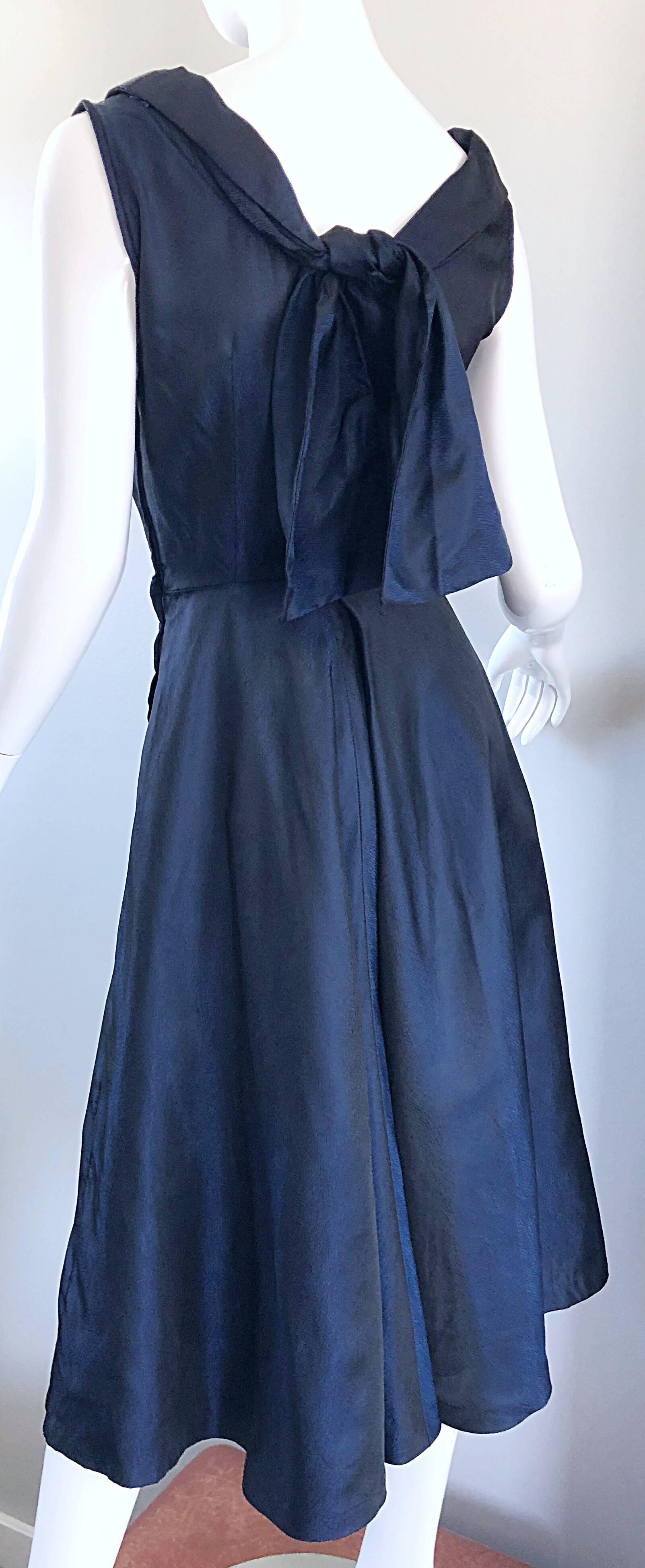 1950s Navy Midnight Blue Fit n ' Flare Vintage 50s Demi Couture Silk Dress For Sale 7