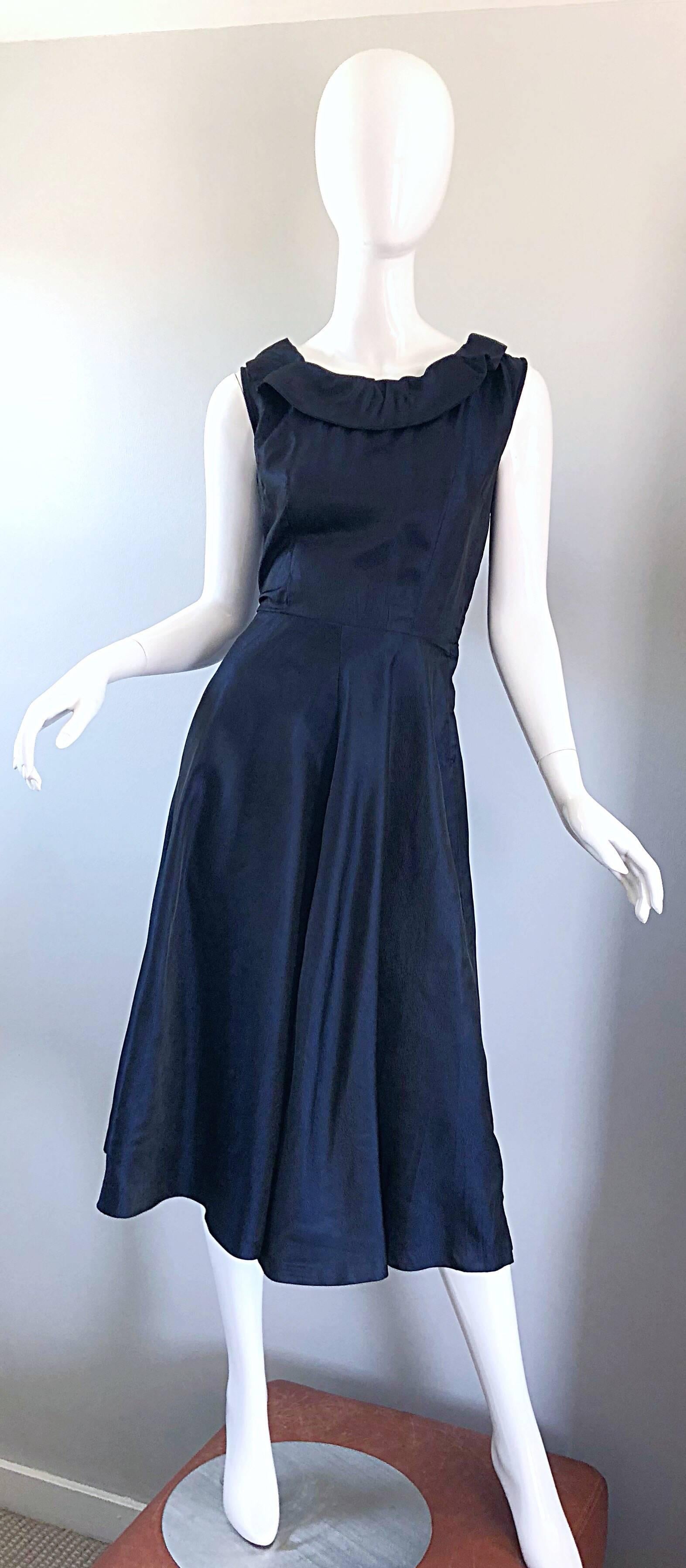 1950s Navy Midnight Blue Fit n ' Flare Vintage 50s Demi Couture Silk Dress For Sale 8