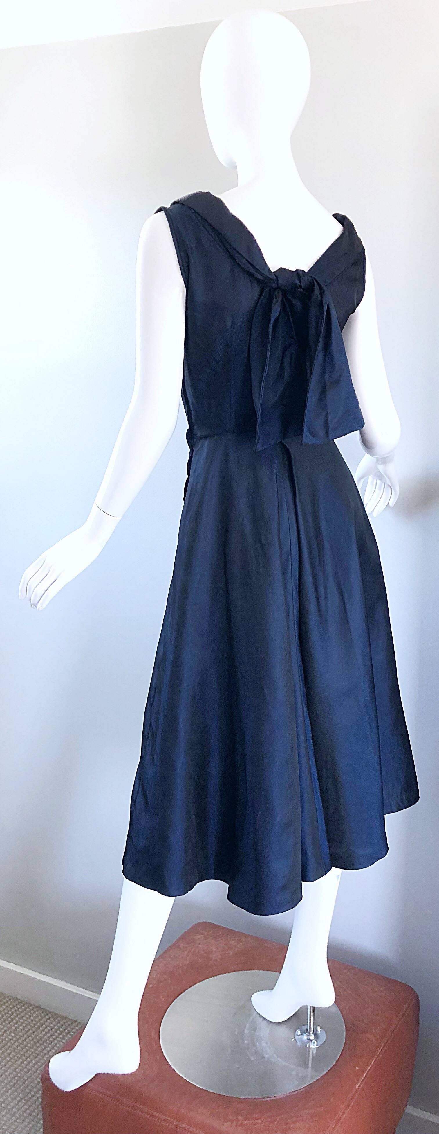1950s Navy Midnight Blue Fit n ' Flare Vintage 50s Demi Couture Silk Dress In Excellent Condition In San Diego, CA