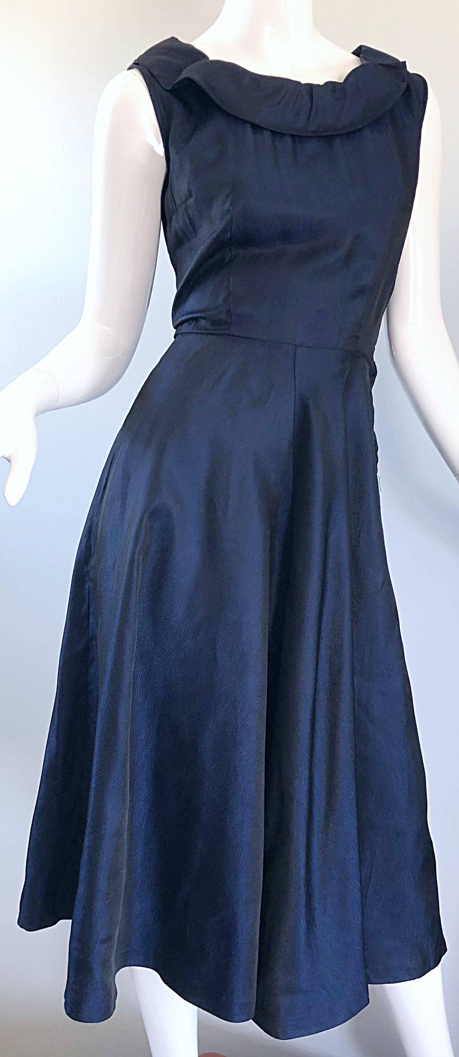 Women's 1950s Navy Midnight Blue Fit n ' Flare Vintage 50s Demi Couture Silk Dress For Sale