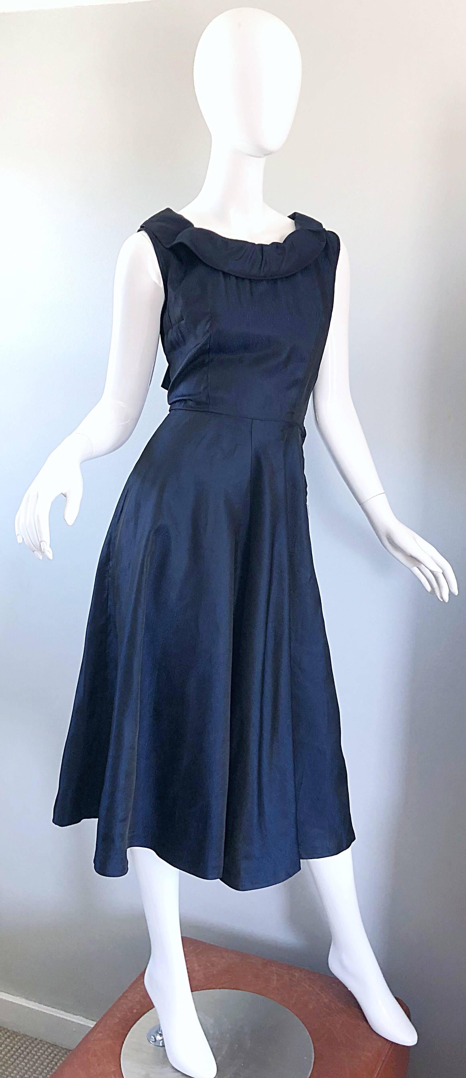 1950s Navy Midnight Blue Fit n ' Flare Vintage 50s Demi Couture Silk Dress For Sale 2