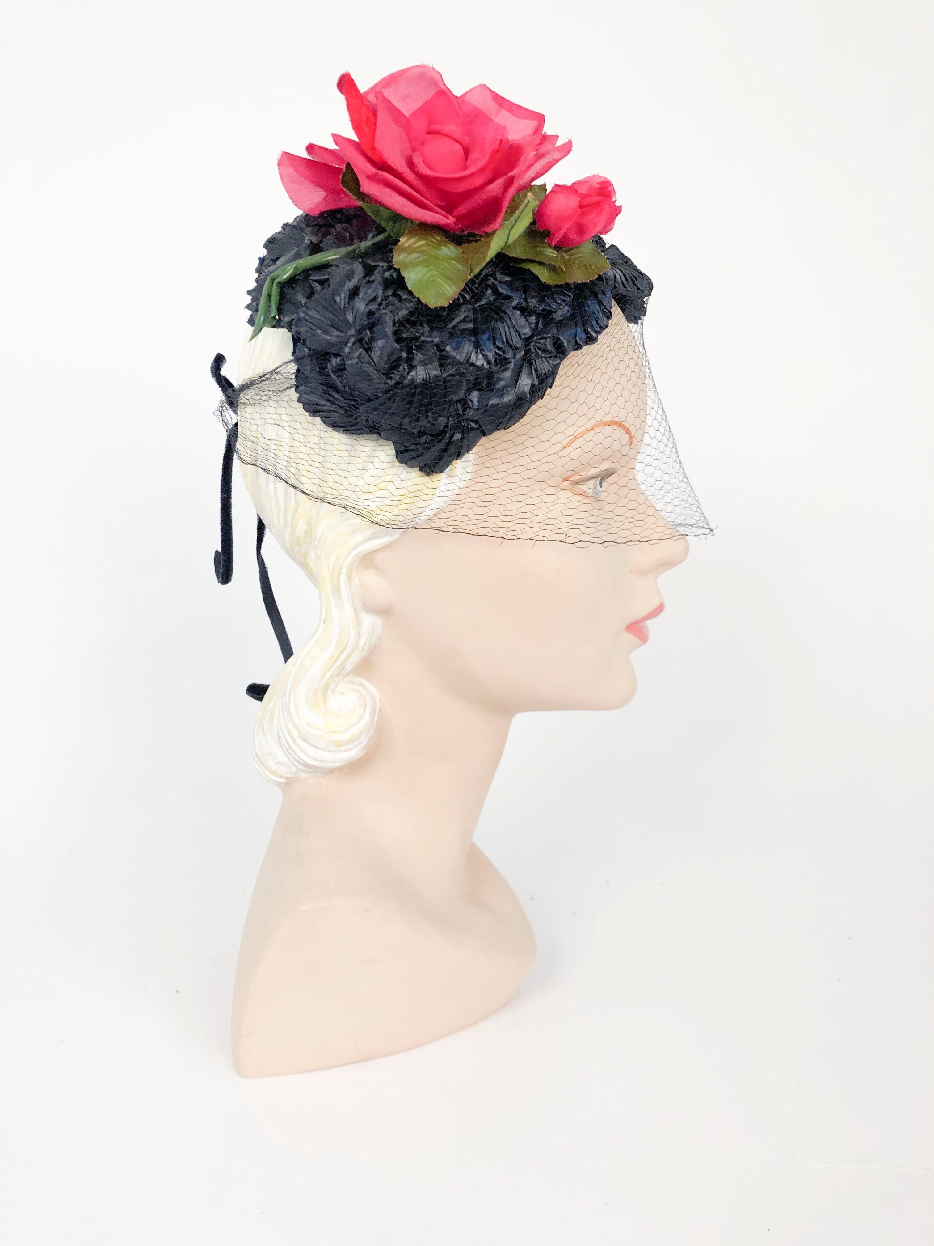 Gray 1950s Navy Raffia Hat With Silk and Velvet Rose For Sale