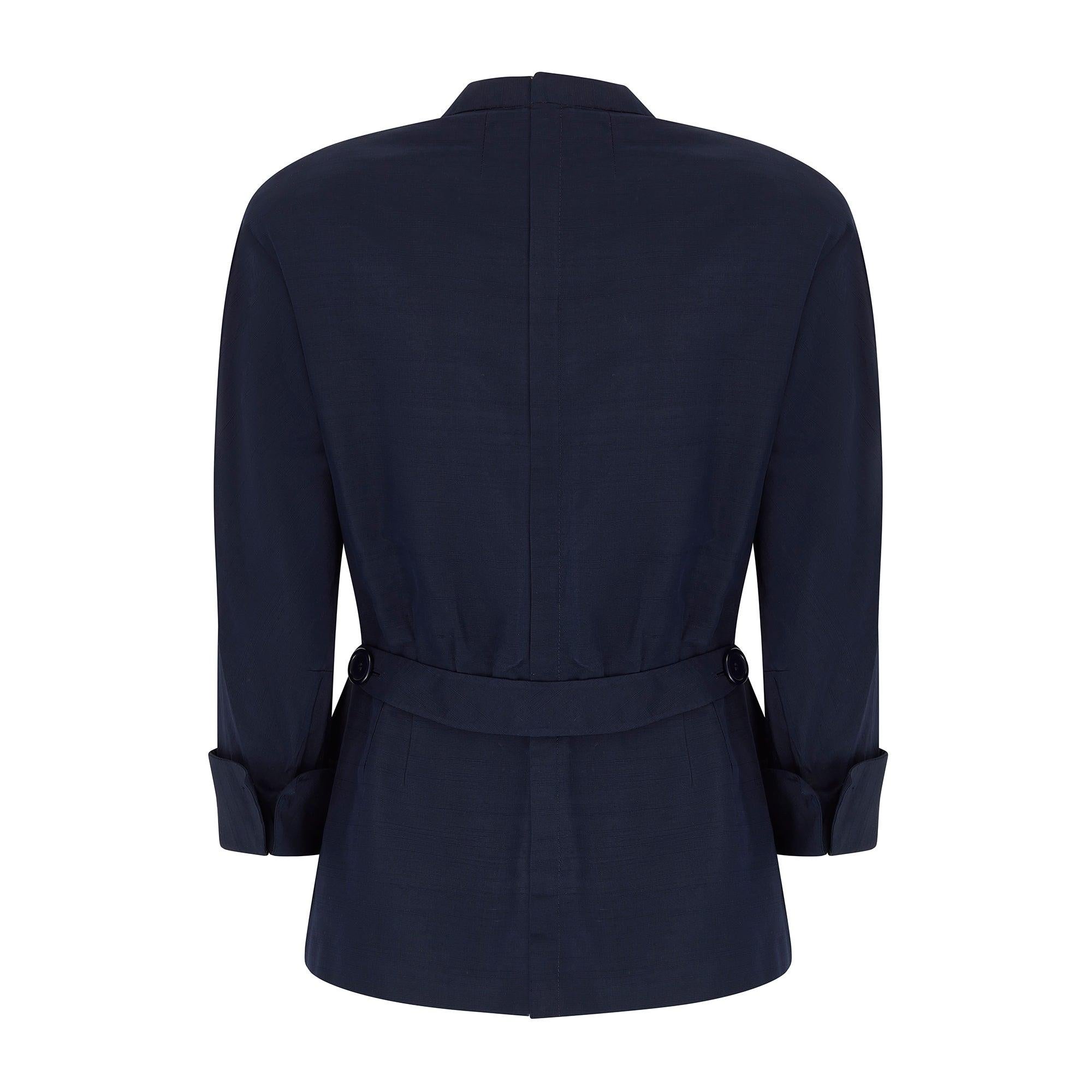 Black 1950s Navy Silk Couture Bar Jacket with Button Pocket For Sale