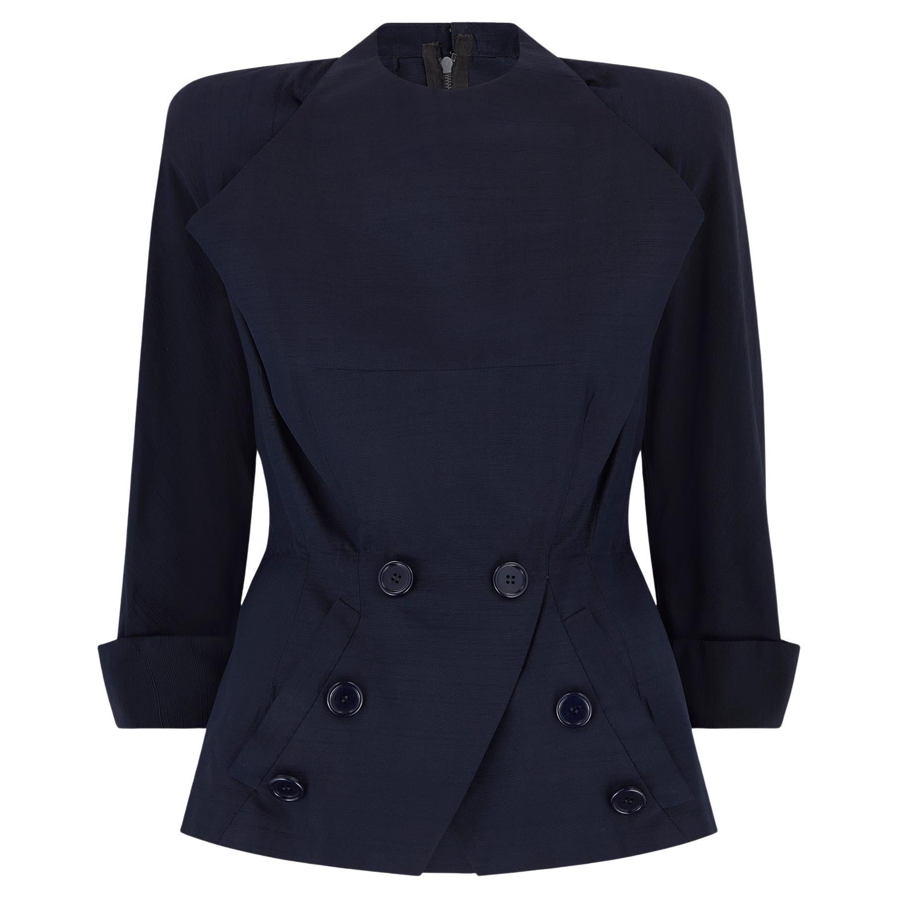 1950s Navy Silk Couture Bar Jacket with Button Pocket For Sale