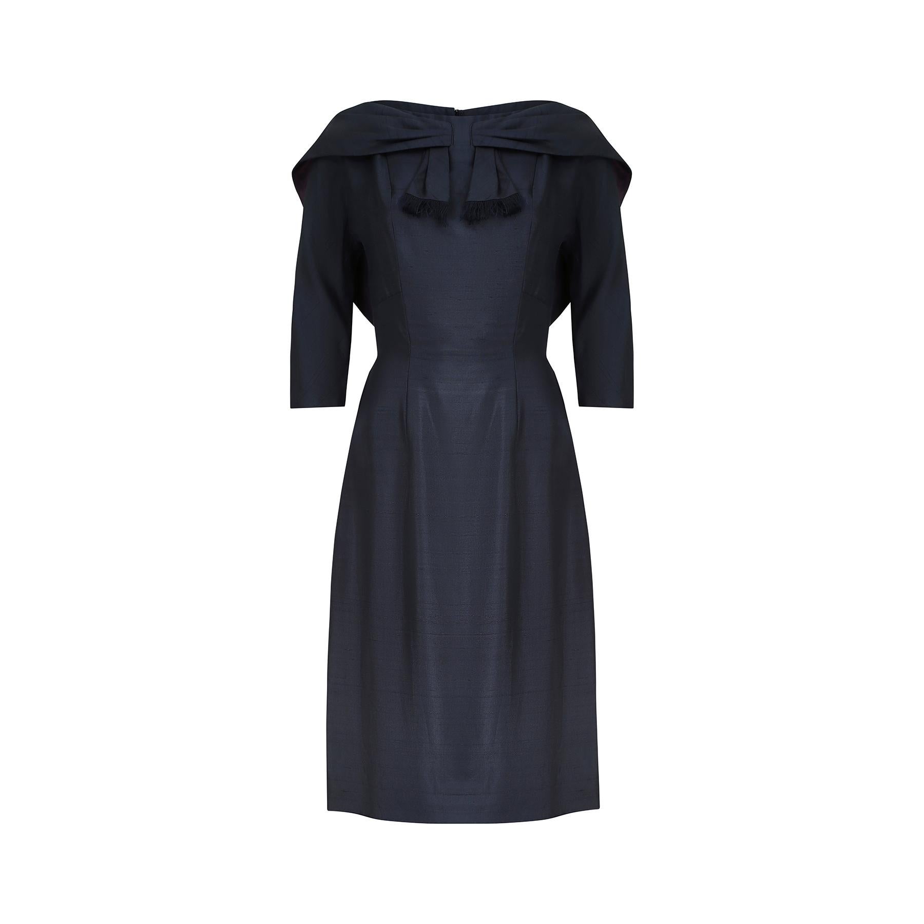 1950s Navy Silk Shawl Collar Dress In Excellent Condition In London, GB