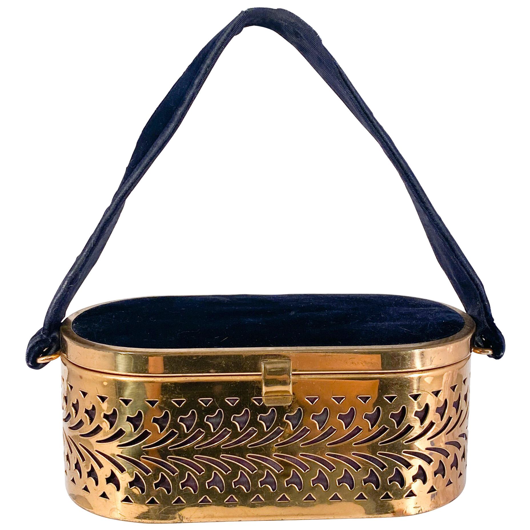 1950s Navy Velvet and Cutout Brass Evening Bag at 1stDibs navy evening bag