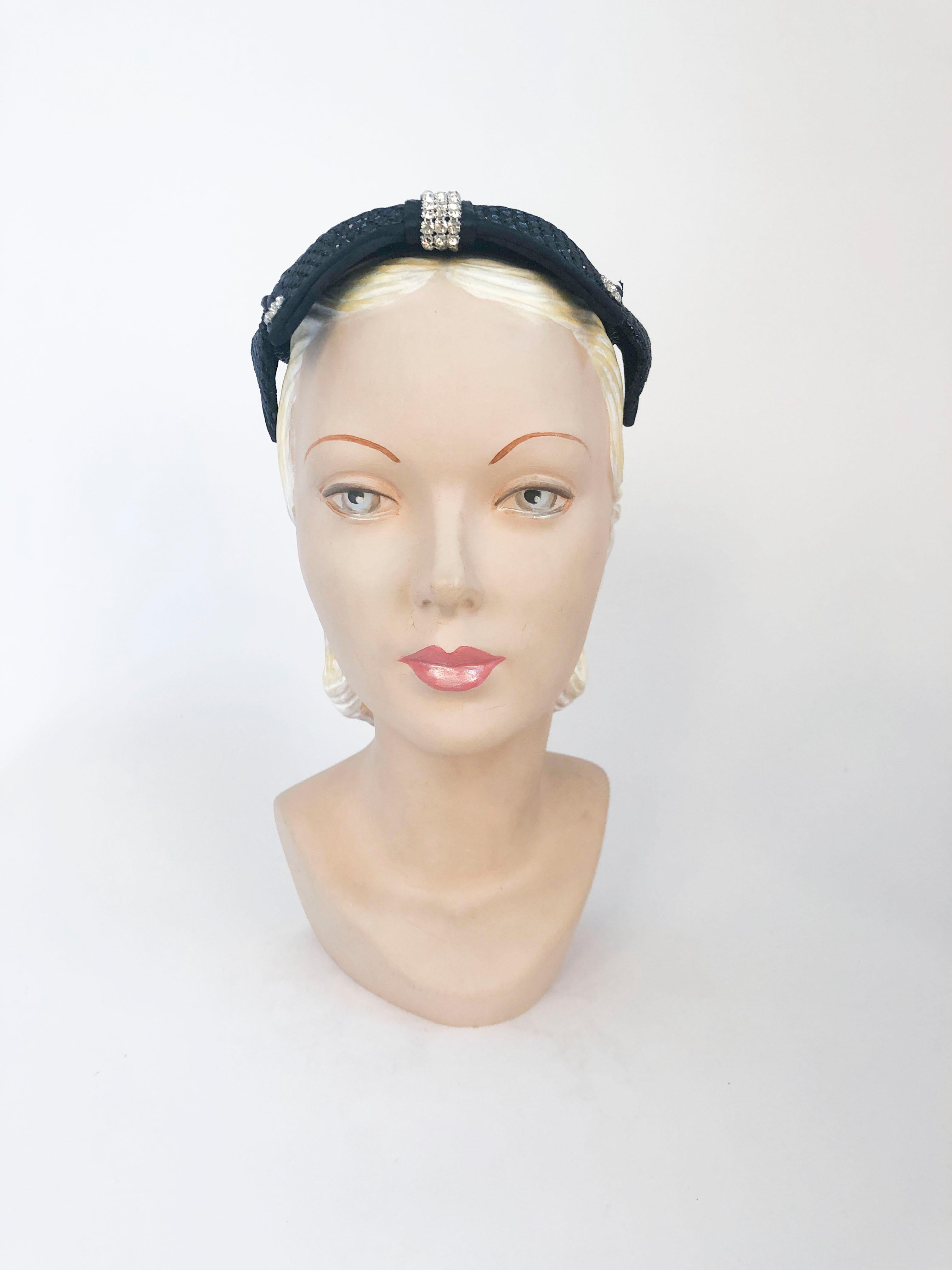 Gray 1950s Navy Woven Raffia Cocktail Hat With Bow and Rhinestone Accents